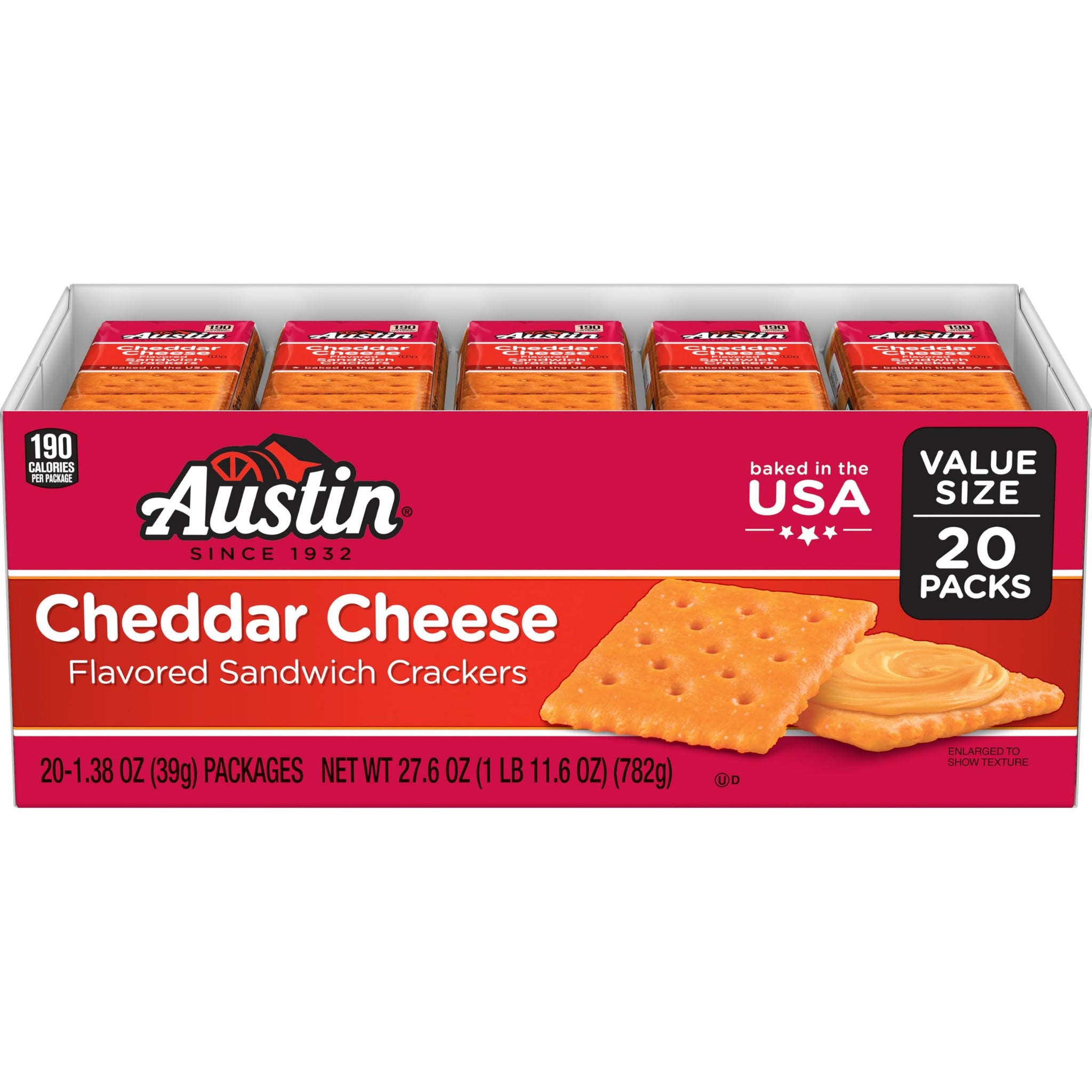 Austin Cheddar Cheese Flavored Sandwich Crackers, Lunch Snacks, Value Size, 27.6oz Tray (20 Packs)