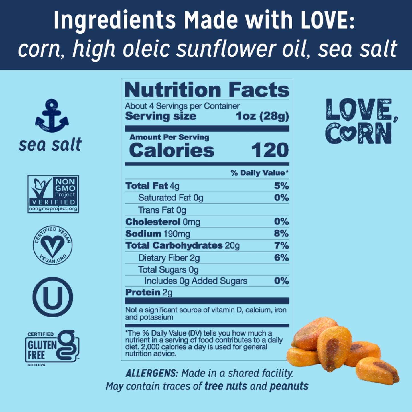 LOVE CORN Sea Salt - Crunchy Roasted Corn Snack, 3 Simple Ingredients, Gluten Free, Non-GMO, Zero Sugar, Vegan, Plant Based- Alternative to Chips