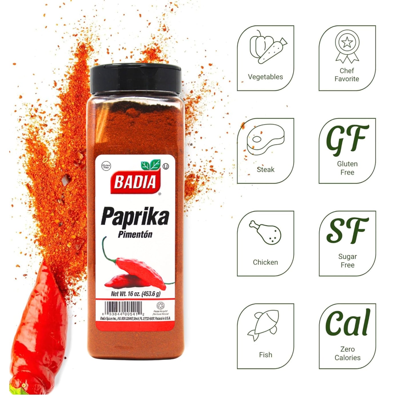 Badia Paprika, 16 oz - Mild Sweet Flavor for Cooking Rice, Seafood, Stews, Garnishing, Grilling & Seasoning, All-Natural Spice