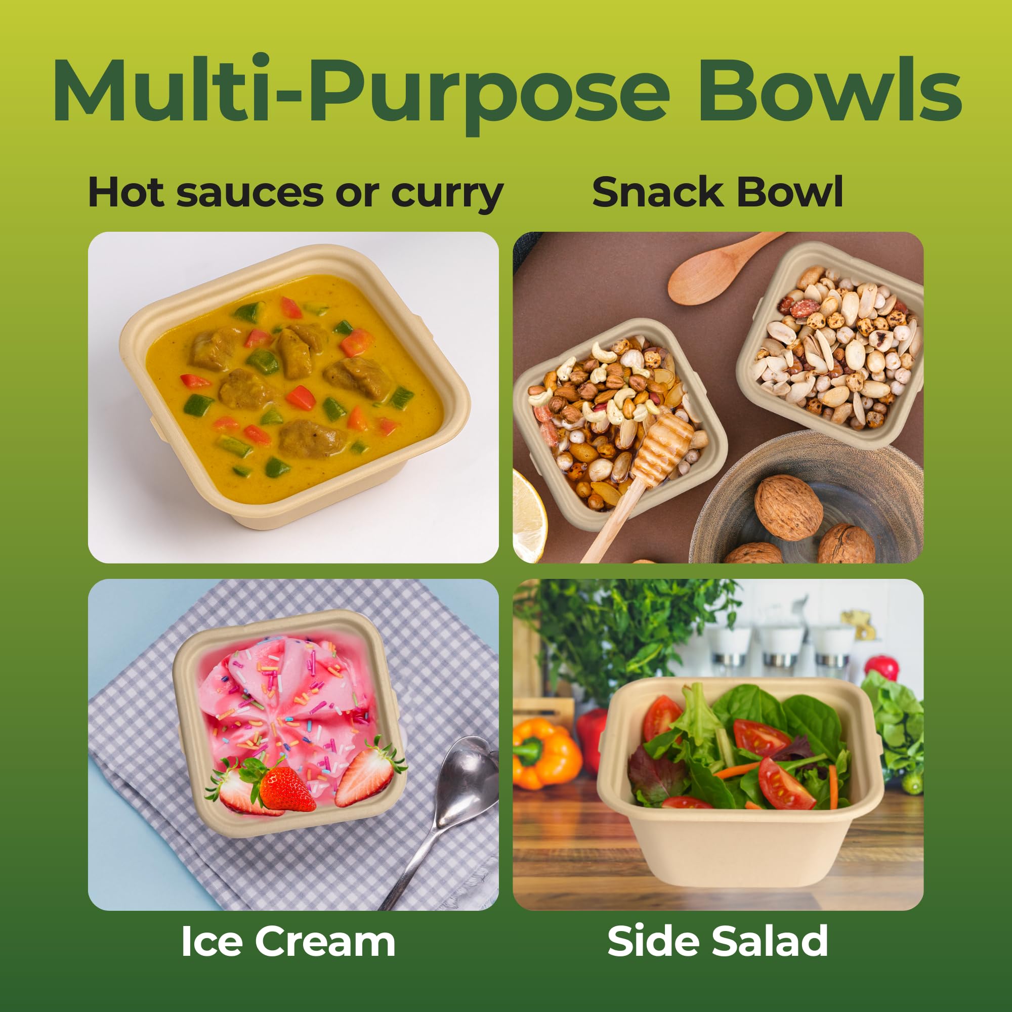 Dtocs Bamboo Fiber Disposable Bowls - 32 Oz, 50 Pk | Bamboo Square Bowl | Microwavable Bagasse Bowl like Soup, Cake, Salsa, Salad bowls | Disposable