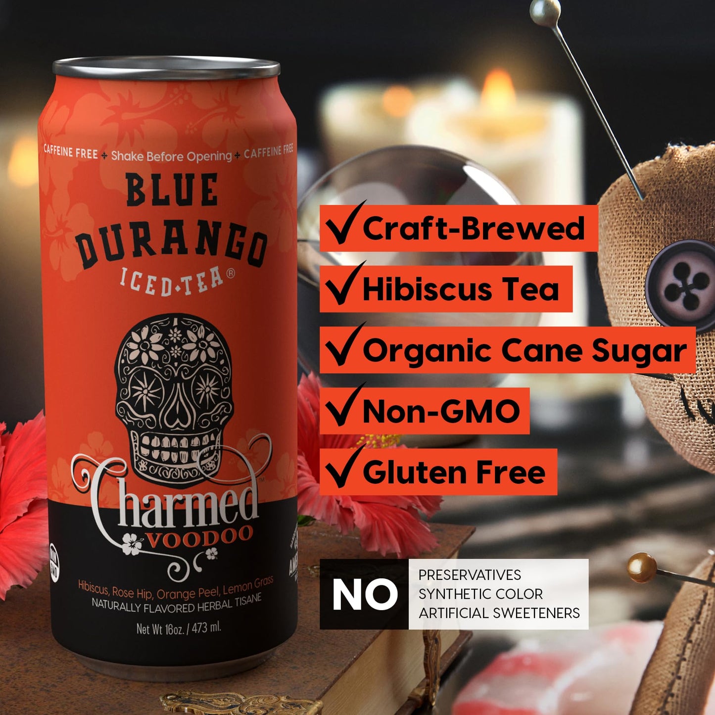 Blue Durango Iced Tea - Charmed Voodoo - Hibiscus Tea, Rose Hip, Orange Peel, & Lemongrass - Low Sugar, Non-GMO, No Artificial Sweeteners, Gluten-Free