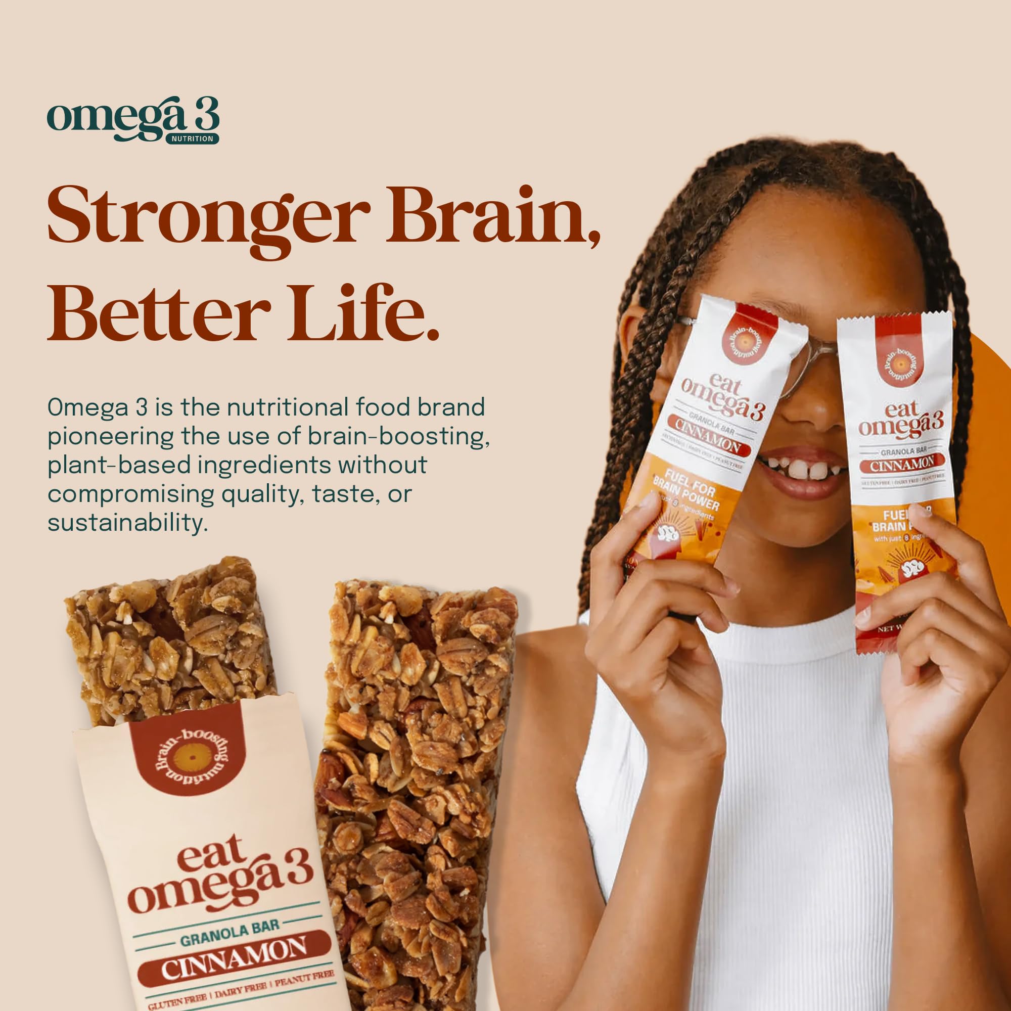 Eat Omega 3 Cinnamon Granola Bar - Gluten-Free, Dairy-Free, Plant-Based Protein Snack with Omega-3 & Omega-6, Low Sugar, Non-GMO - 1.79oz, 12 Count