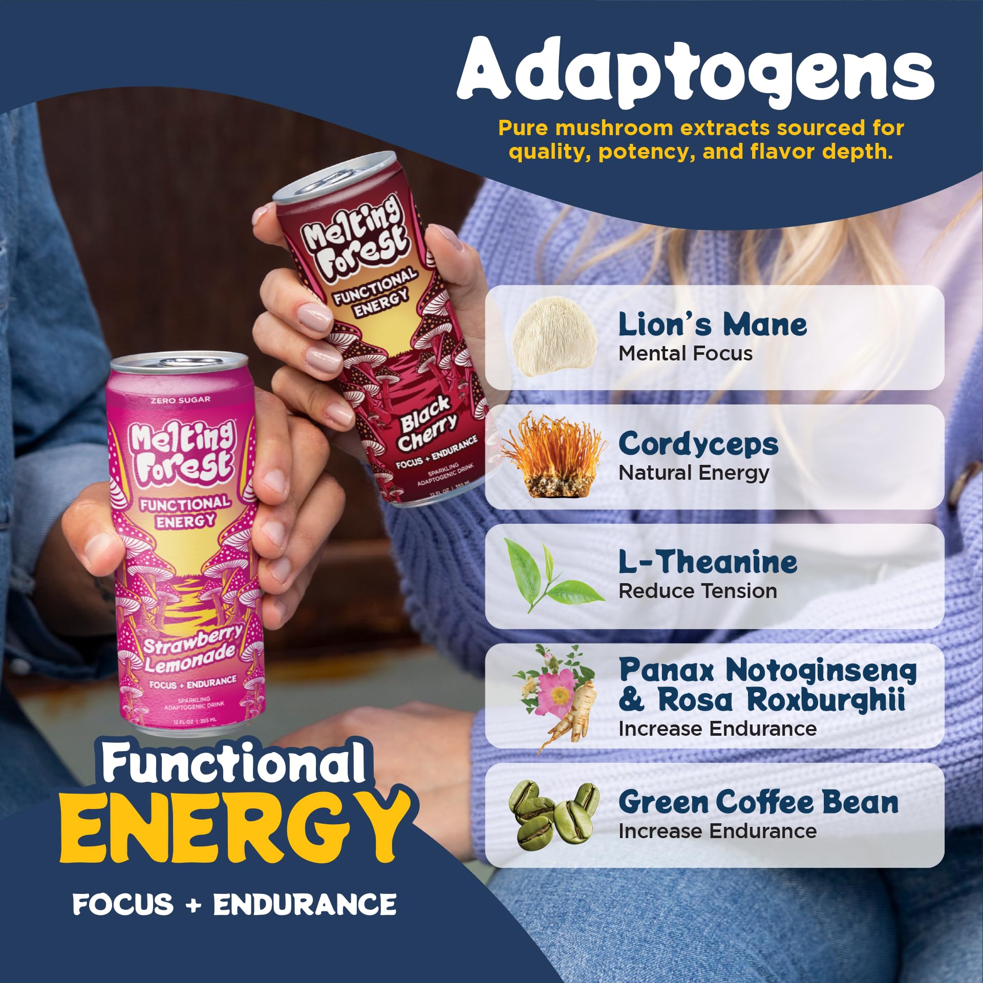 Melting Forest Functional Mushroom Energy Drink - 150mg Caffeine, L-Theanine, Cordyceps & Lion's Mane - Adaptogen Drink for Energy & Focus, Cognitive