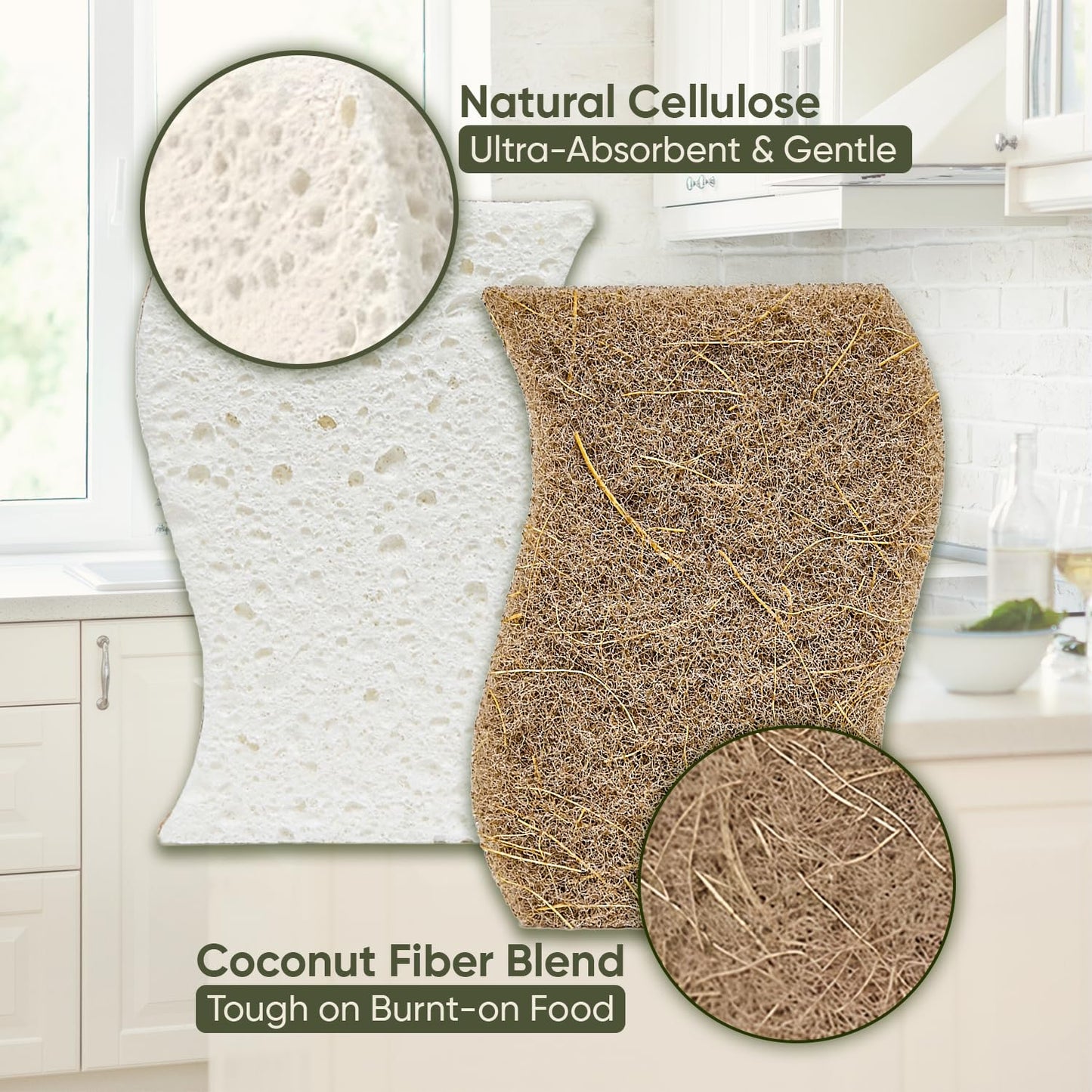 Plant-Based Kitchen Sponges (24 Pack) | USDA Biobased Certified | FSC & PETA Approved | Natural Cellulose & Coconut Scrubber Sponge | S-Shaped Design