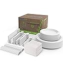EPIQUEONE Disposable Paper Plates & Utensils Set (350-Piece) - White Tableware with Plates, Forks & Spoons -Microwave & Freezer Safe - Bulk Party