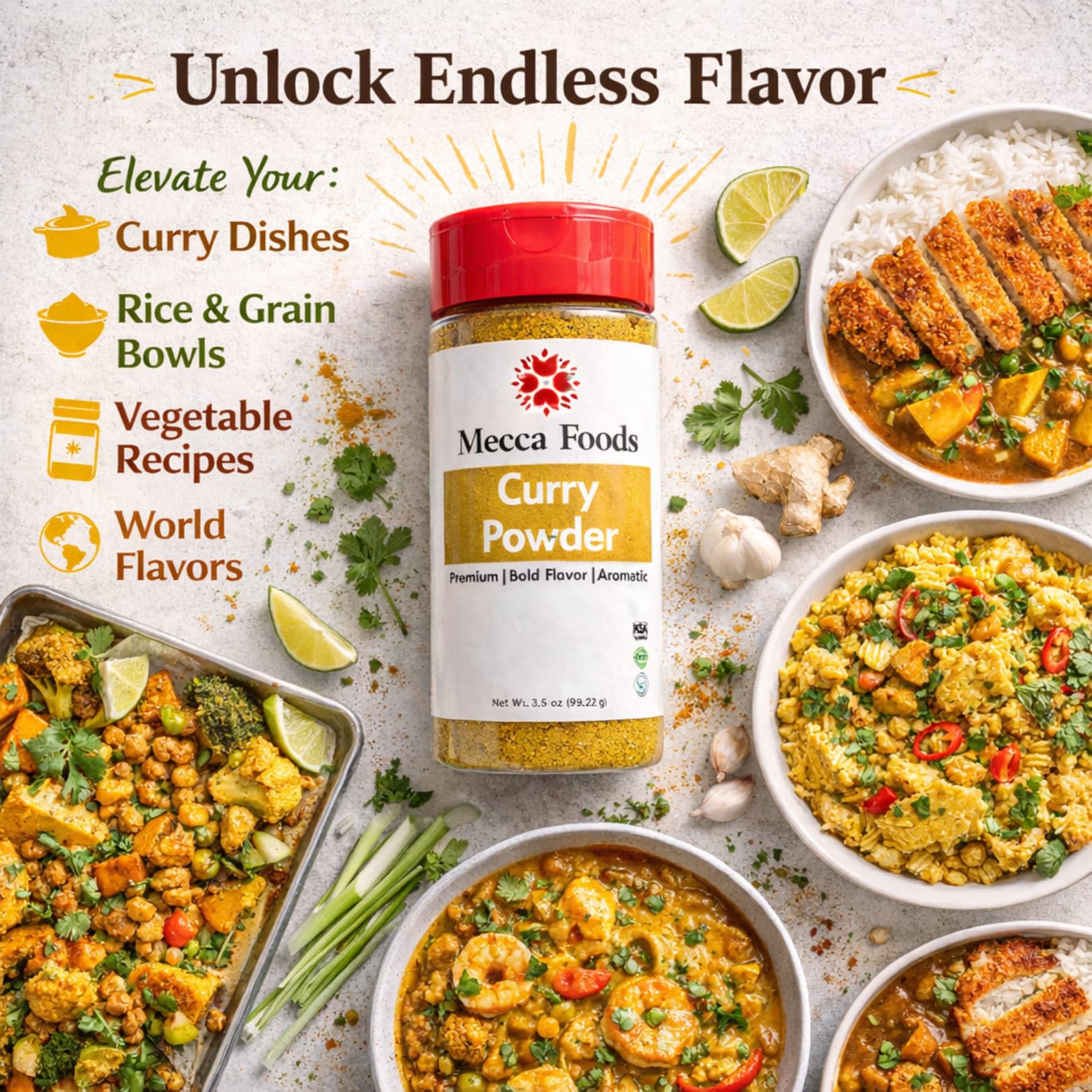 Curry Powder, Authentic Blend of Spices, Warm & Aromatic Flavor, All-Purpose Seasoning for Indian & Caribbean Cooking, 3.5 oz Jar by Mecca Foods