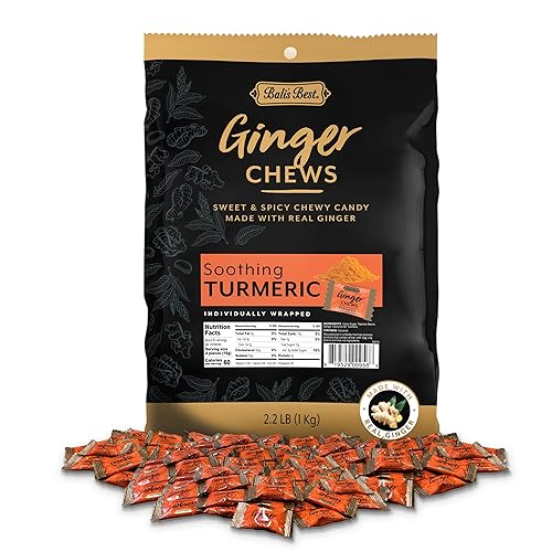 Bali's Best Ginger Chews, Soothing Turmeric Flavor, 250 Pieces, 2.2 Lb Bag, Individually Wrapped Soft Candy, Made with 100% Real Ginger, Digestive