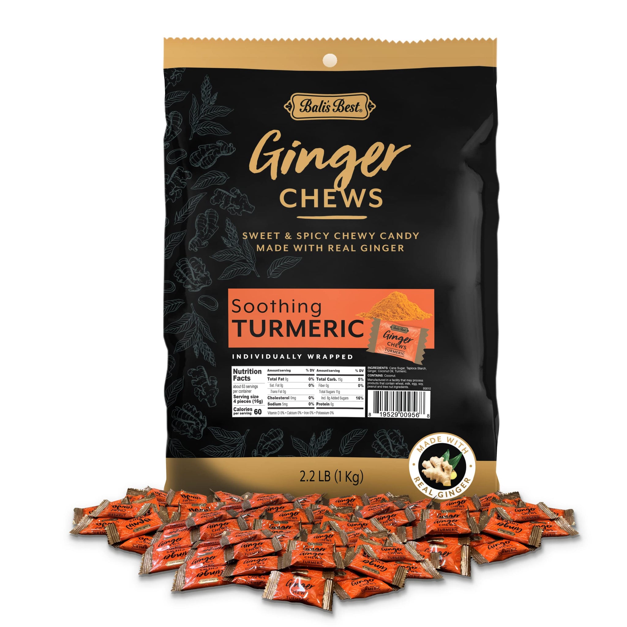 Bali's Best Ginger Chews, Soothing Turmeric Flavor, 250 Pieces, 2.2 Lb Bag, Individually Wrapped Soft Candy, Made with 100% Real Ginger, Digestive