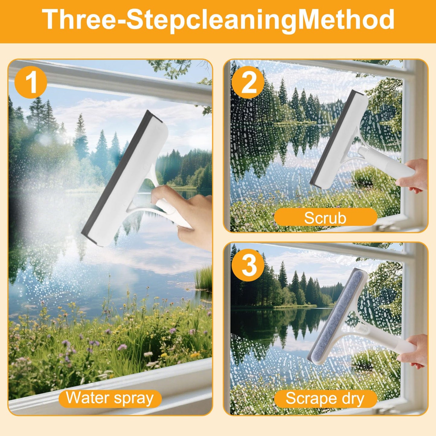 Pro 3 in 1 Window Cleaning Scraper, with 2 Replaceable Cleaning Cotton Strips 3 in 1 Spray Squeegee, Window Squeegee, Suitable for Cleaning Bathroom