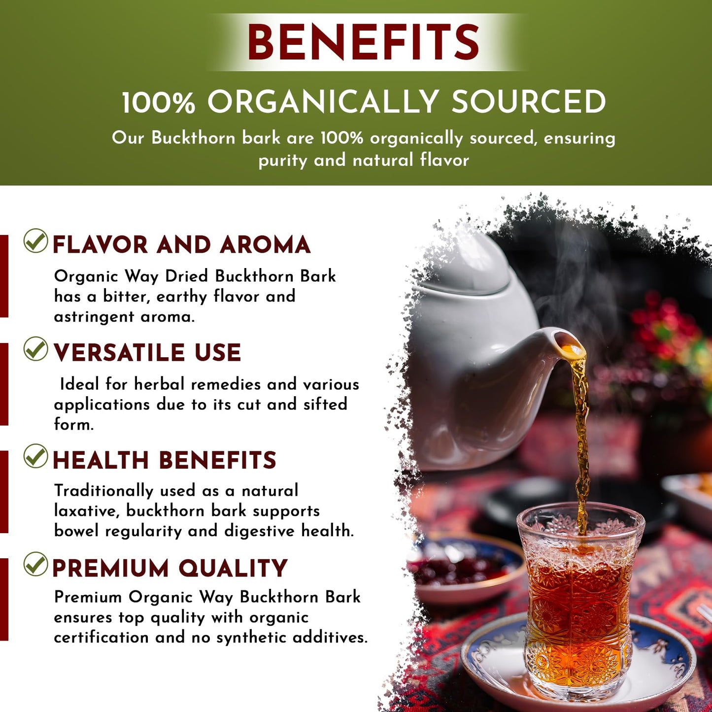 Organic Way Dried Buckthorn Bark (Frangula Alnus) Cut & Sifted - Organic & Kosher Certified | Raw, Vegan, Non GMO & Gluten Free | USDA Certified |