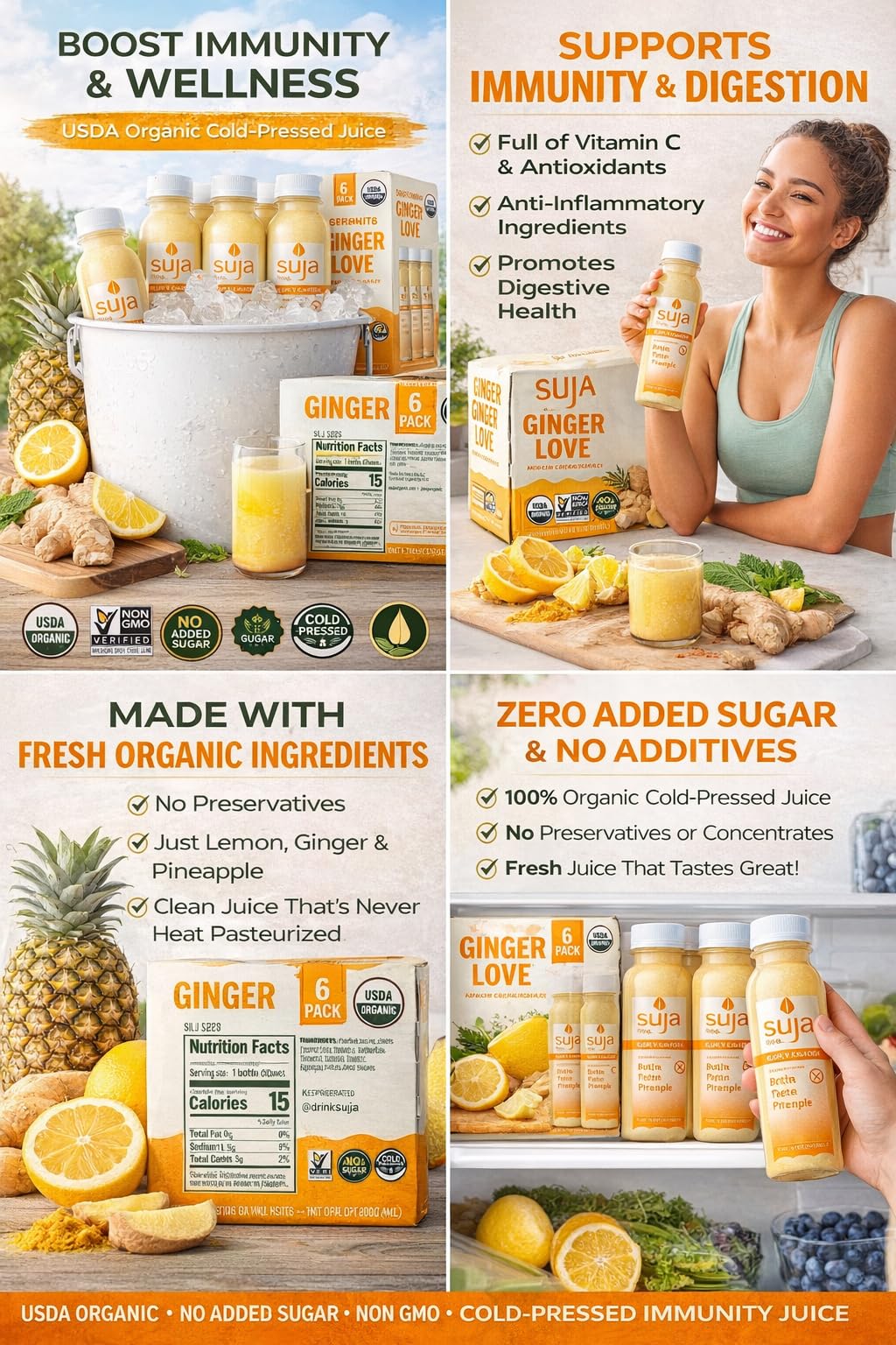 Suja Organic Cold-Pressed Ginger Juice - Lemon Pineapple Immunity Blend, No Added Sugar, Vitamin C, Vegan USDA Certified, 6 Pack (10.5 Fl Oz Each)