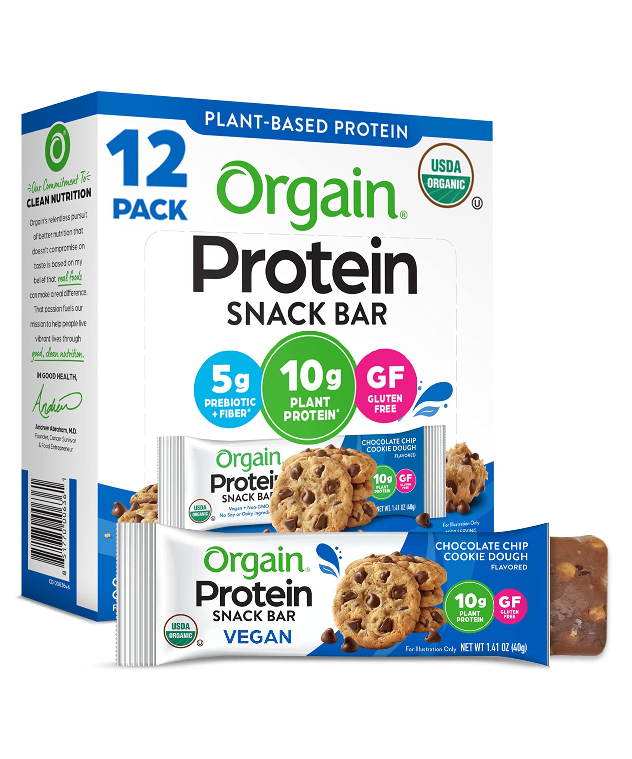 Orgain Organic Vegan Protein Bars, Chocolate Chip Cookie Dough - 10g Plant Based Protein, Low Calorie Healthy Snacks, No Lactose or Soy Ingredients
