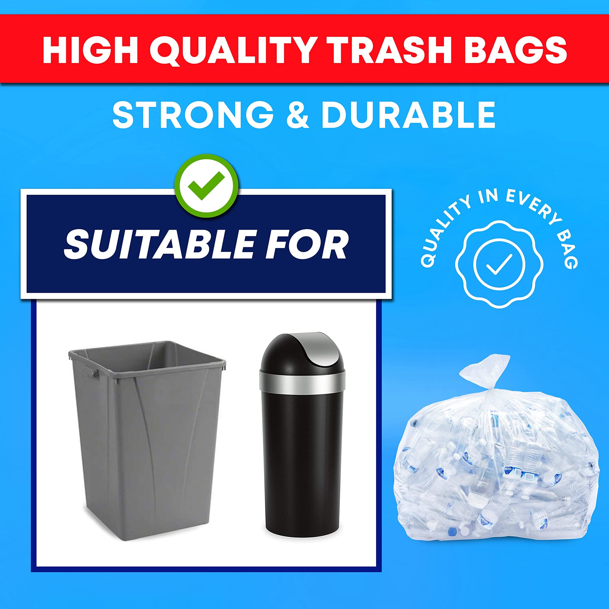 Tasker 30-33 Gallon Trash Bags Heavy Duty (Value 100/Bags w/Ties) Clear Large Plastic Recycling Garbage Bags. 30 Gal, 32 Gallon Clear Large Trash Bags