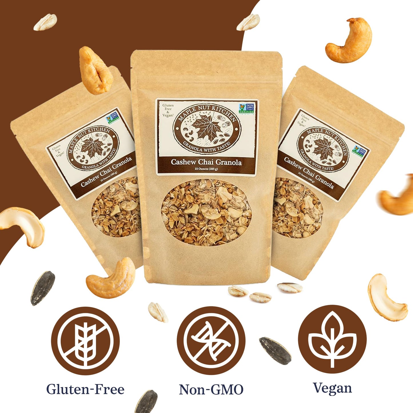 Maple Nut Kitchen Gluten Free Chai Granola with Cashews 3 Pack - Certified Gluten Free Oats, Shredded Coconut, Sunflower Seeds, Maple Syrup - Healthy