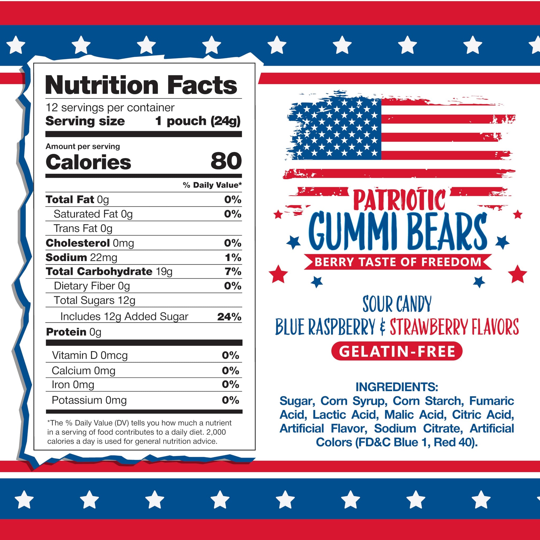 Patriotic Candy | 12 Packs | 4th of July Candy Individually Wrapped | Sour Bears Gummy Candy | Blue Raspberry & Strawberry Flavors | Red & Blue