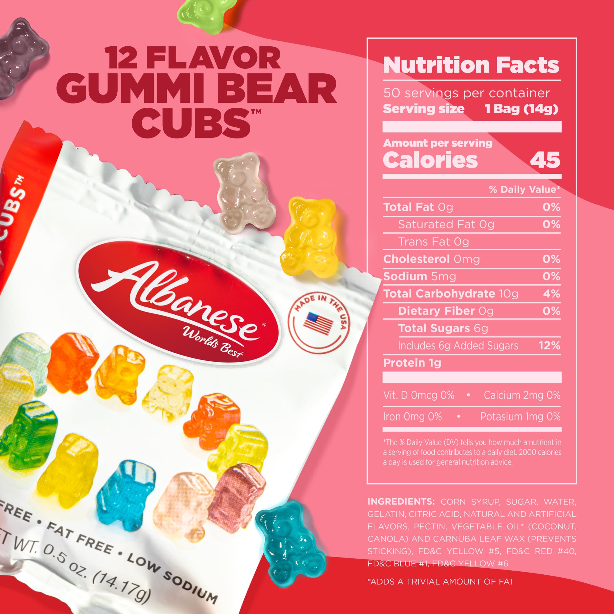 Albanese World's Best 12 Flavor Gummi Bear Cubs | 50-0.5oz Snack Packs of Candy | Miniature, Individually Wrapped, Soft Gummy |Cherry, Blue Raspberry