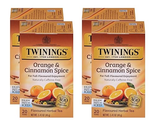 Twinings Orange & Cinnamon Spice Herbal Tea Individually Wrapped Bags, 20 Count (Pack of 4), Naturally Caffeine-Free, Enjoy Hot or Iced, 80 Teabags