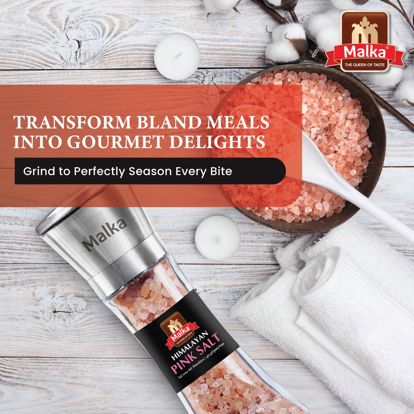 Malka Pink Salt Grinder Manual Bundle - Coarse Pre-filled Himalayan Pink Salt Grinders - Adjustable Glass Salt Grinders - Himalayan Salt Grinder