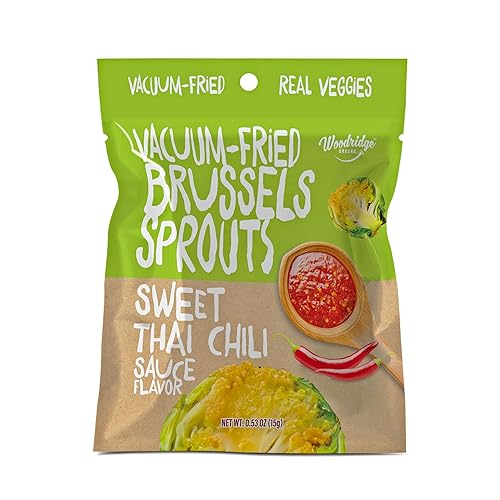 Woodridge Snacks | Vacuum Fried Brussels Sprouts | Thai Chili Sauce Flavor | 6 Pack | 0.35 OZ (10g) Single-Serve Bags