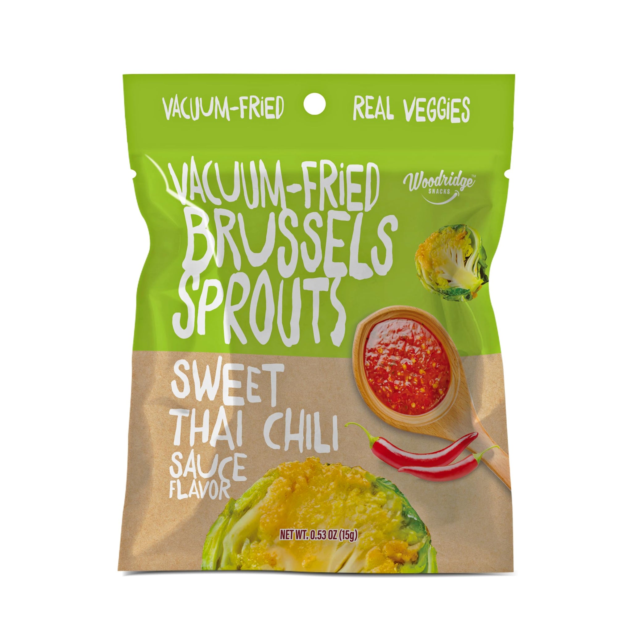 Woodridge Snacks | Vacuum Fried Brussels Sprouts | Thai Chili Sauce Flavor | 6 Pack | 0.35 OZ (10g) Single-Serve Bags