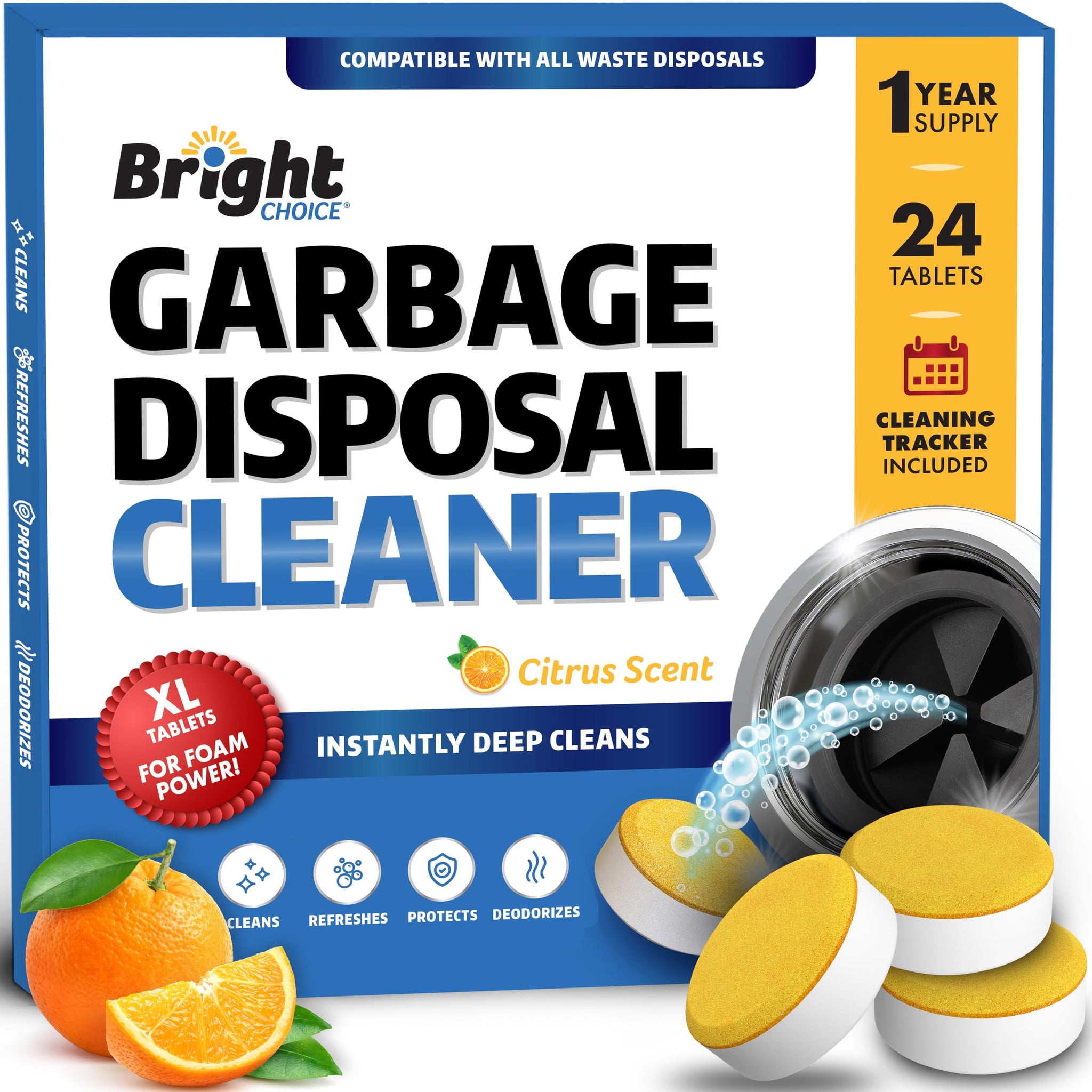 Garbage Disposal Cleaner and Deodorizer Tablets - 24 Pack, XL Citrus Foaming Tablet for Kitchen Sink Freshener, Drain Cleaner & Odor Eliminator - 1