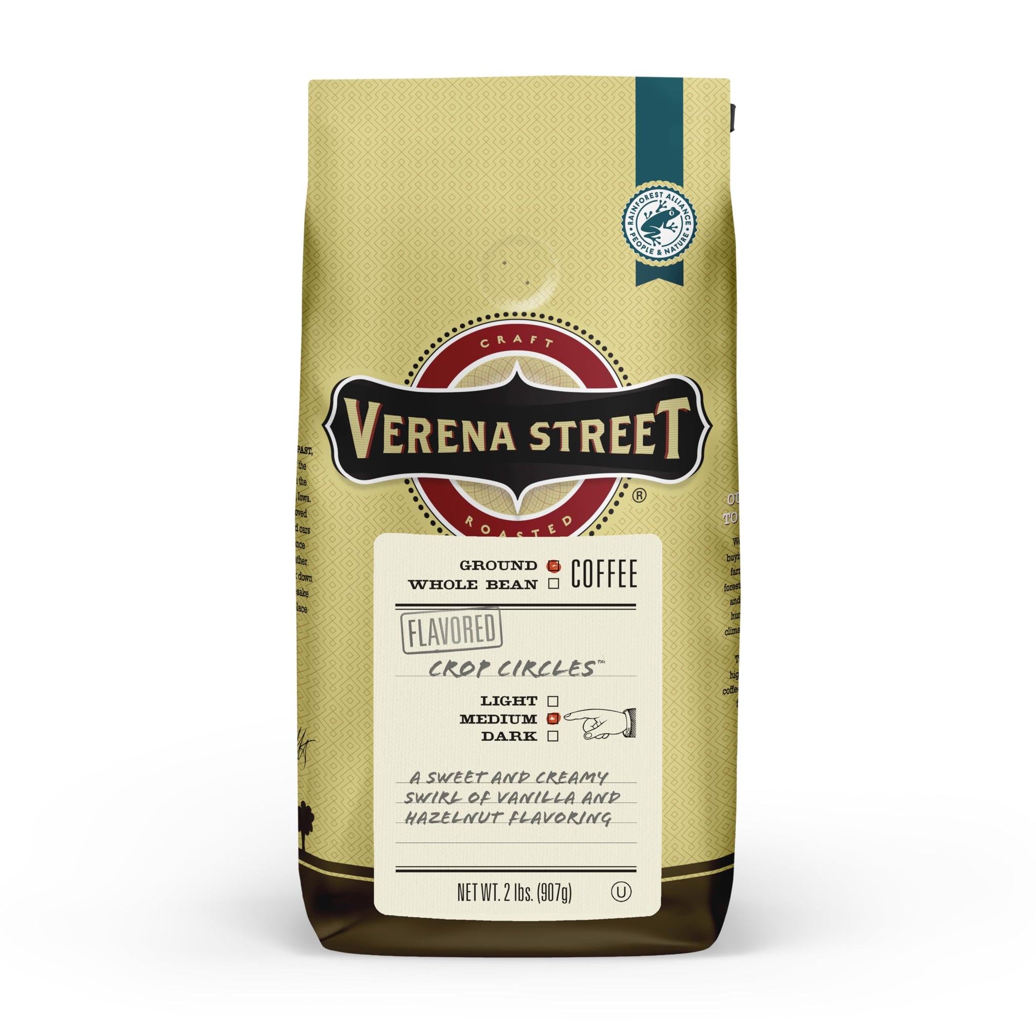 Verena Street 2 Pound Flavored Ground Coffee, Crop Circles Vanilla Hazelnut, Medium Roast, Rainforest Alliance Certified Arabica Coffee