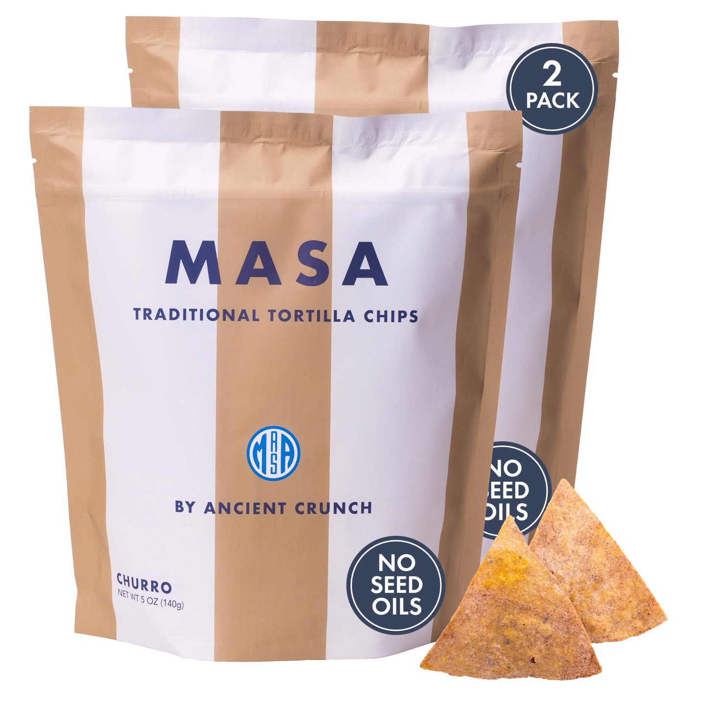 MASA Chips Churro Flavored Corn Tortilla Chips Cooked in Beef Tallow - Seed Oil Free Snack, 2pk×5 oz each- Handmade with Only Naturally Grown Corn