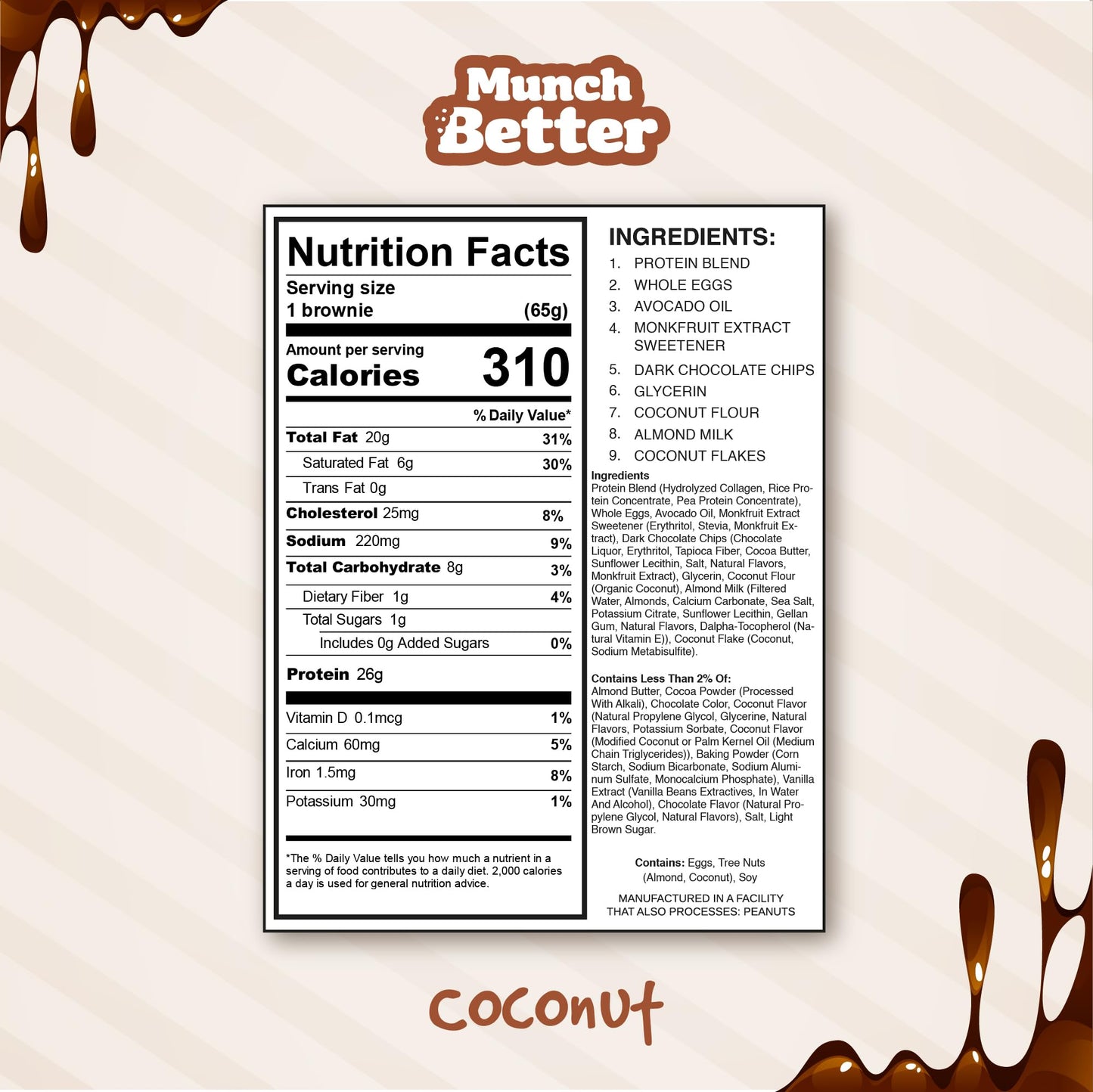 Munch Better Coconut Protein Brownies - 26g Protein, Dairy-Free, Gluten-Free, Low Sugar, 15g Collagen, Clean Ingredients - 8 Count Box
