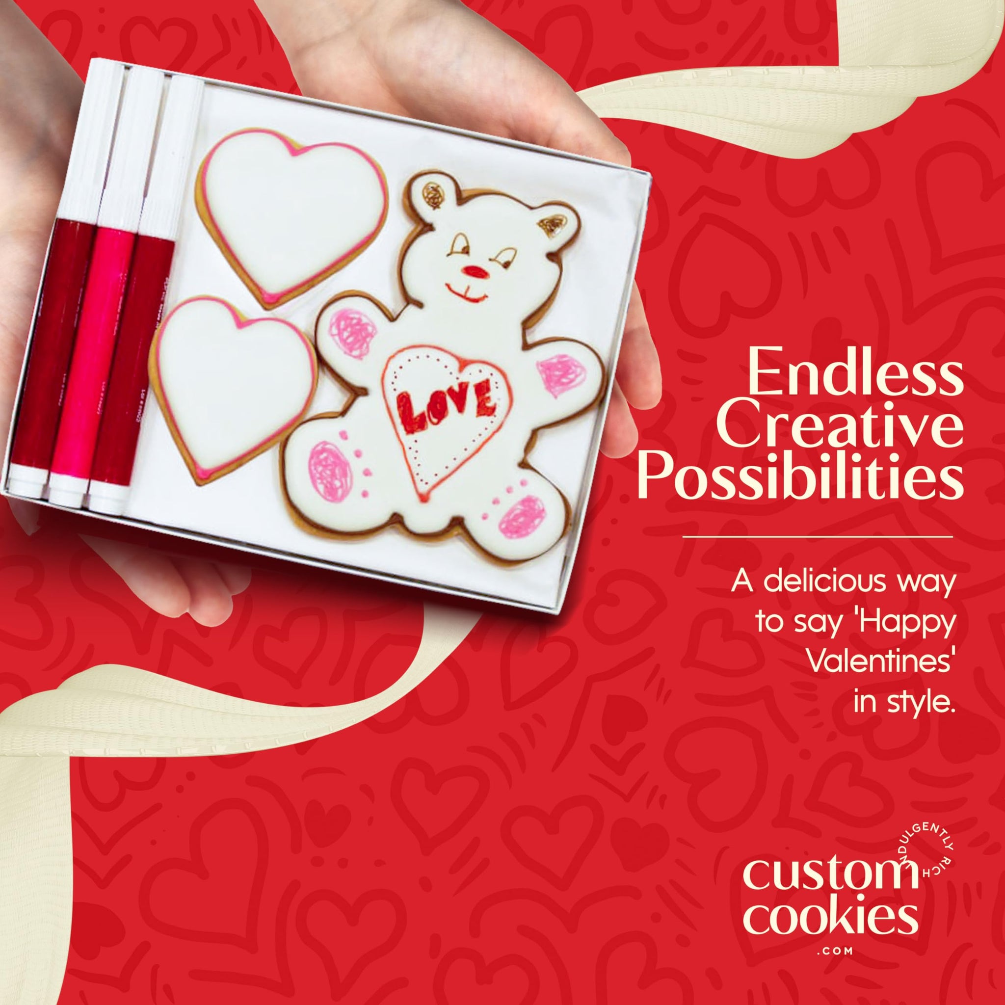 Valentines Day Cookies Gift Basket Decorating Kit With Edible Markers, Gourmet Food Gifts Set, Unique Fun Treat For Kids Valentines Gifts, 3 Count