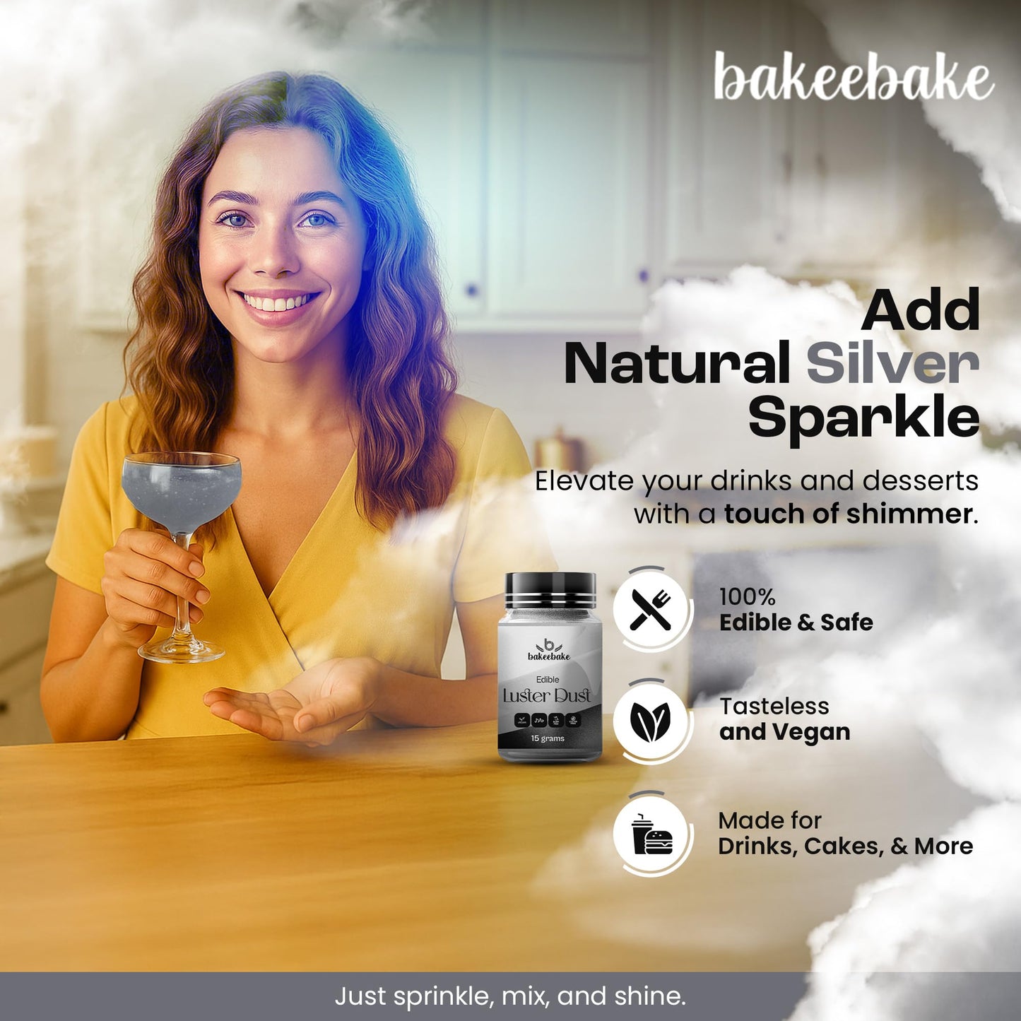 Bakeebake Silver Luster Dust Edible 15g - Edible Glitter for Drinks & Desserts - Gluten Free Edible Silver Dust for Cake Decorating - Tasteless Vegan