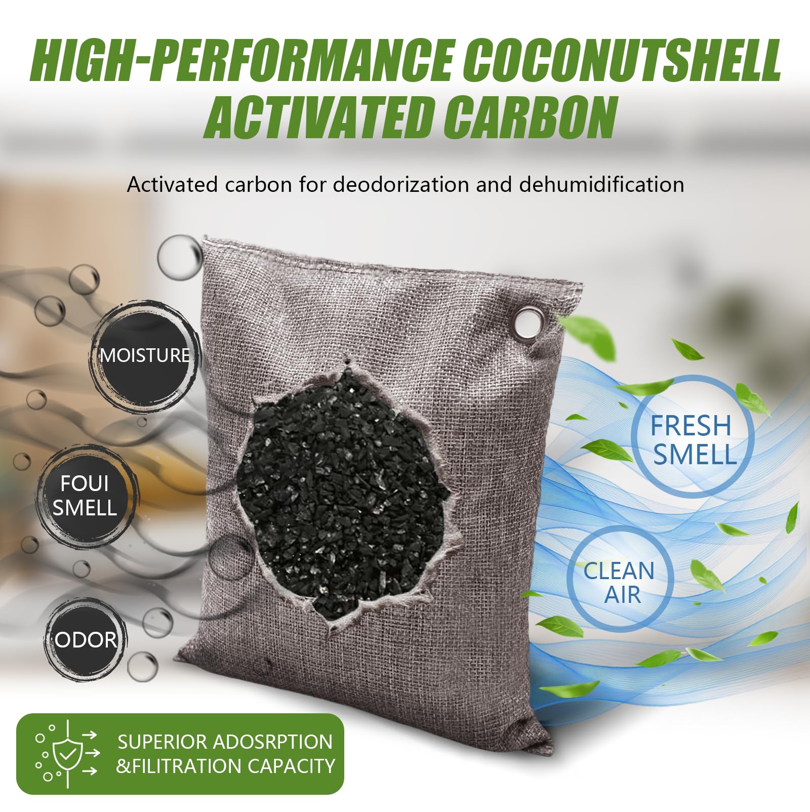 Activated Charcoal Odor Absorber, Odor Eliminator for Strong Odor,Coconut Shell Charcoal Air Purifying Bags for Home Car Closet Pet, Smoke Room