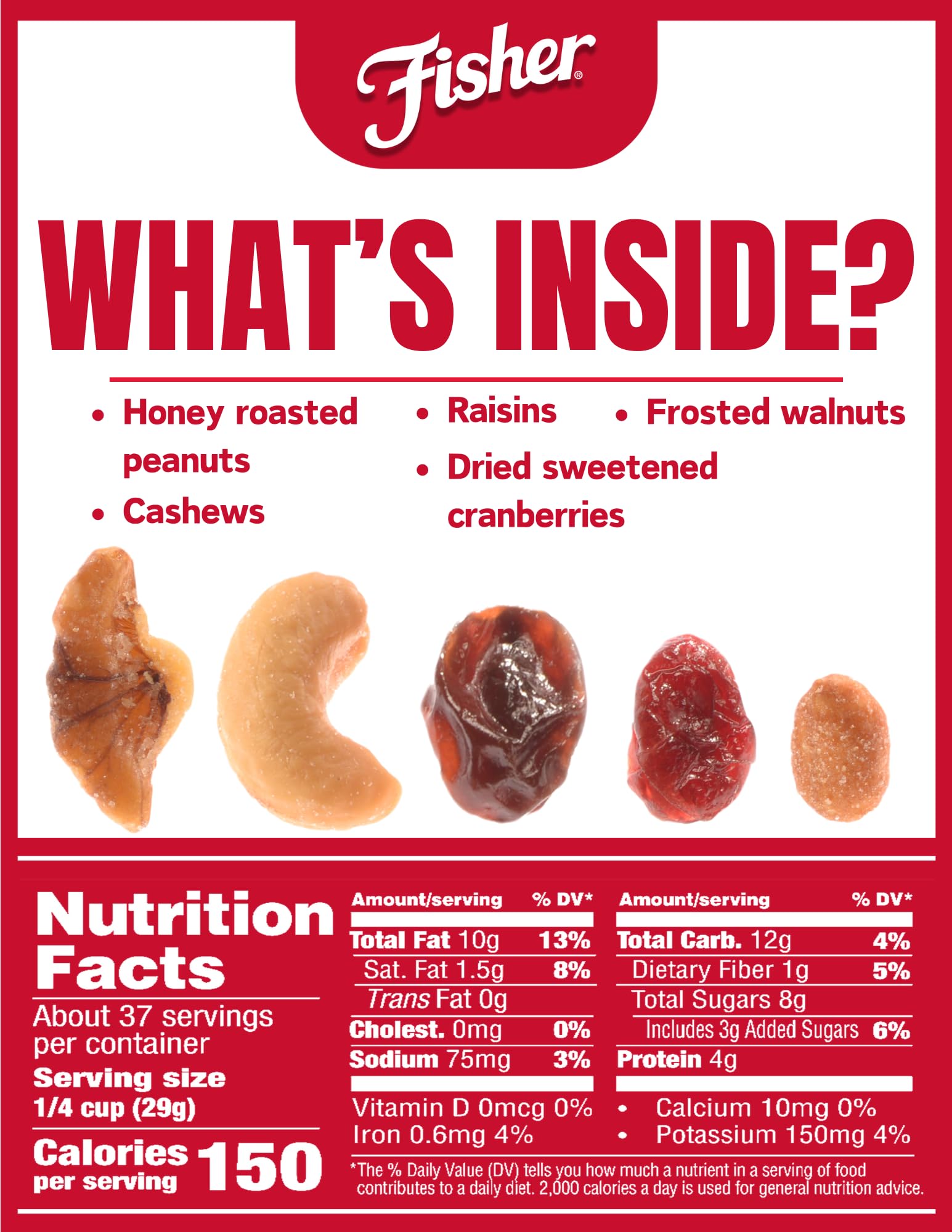Fisher Snack Sweet Nut Bulk Trail Mix, 38 oz (Pack of 1), Honey Roasted Peanuts, Raisins, Frosted Walnuts, Cashews, Dried Sweetened Cranberries