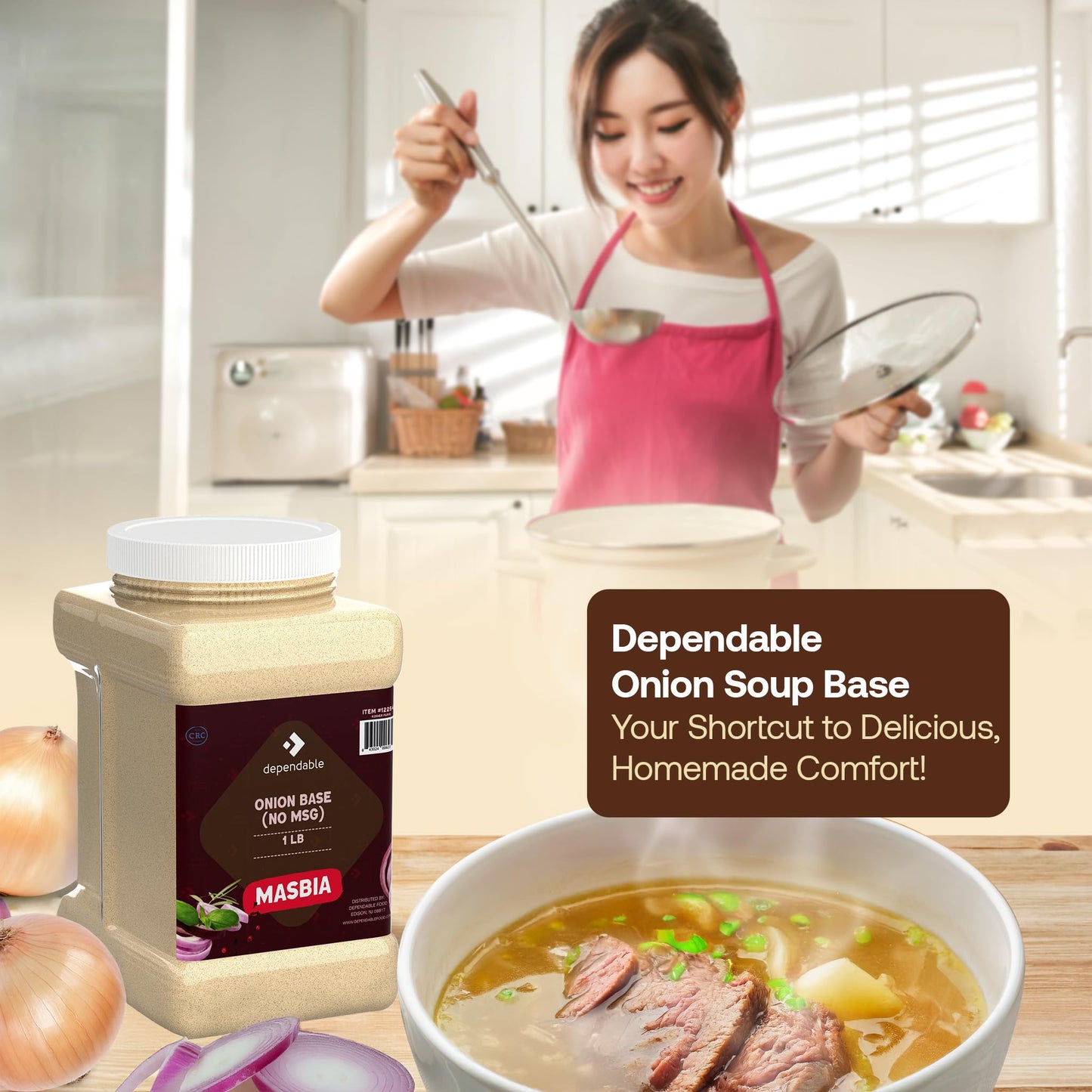Dependable Food Onion Soup Base - Onion Flavor Consommé | 15 Oz. Resealable Jar | No MSG, Kosher | Perfect for Soups, Stocks, and Broths