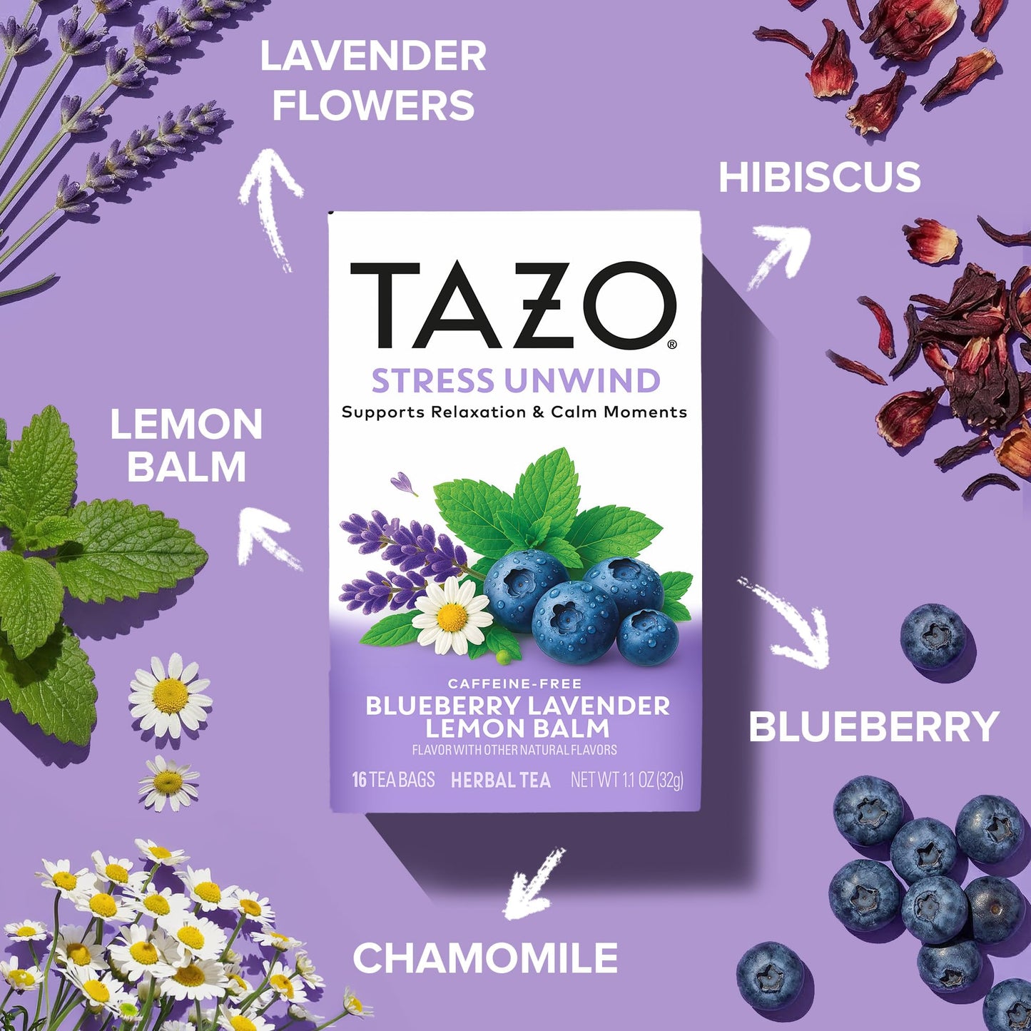 TAZO Herbal Tea Bags, Stress Unwind Blueberry Lavender Lemon Balm, 16 Count (Pack of 1)