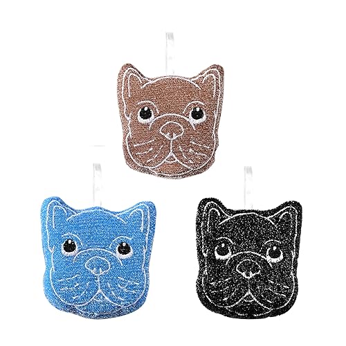 Fox Run Bulldog Kitchen Scrubber Set, Multicolor Pack of 3 Dog Sponges, 4.25" Non-Abrasive Cleaning Pads