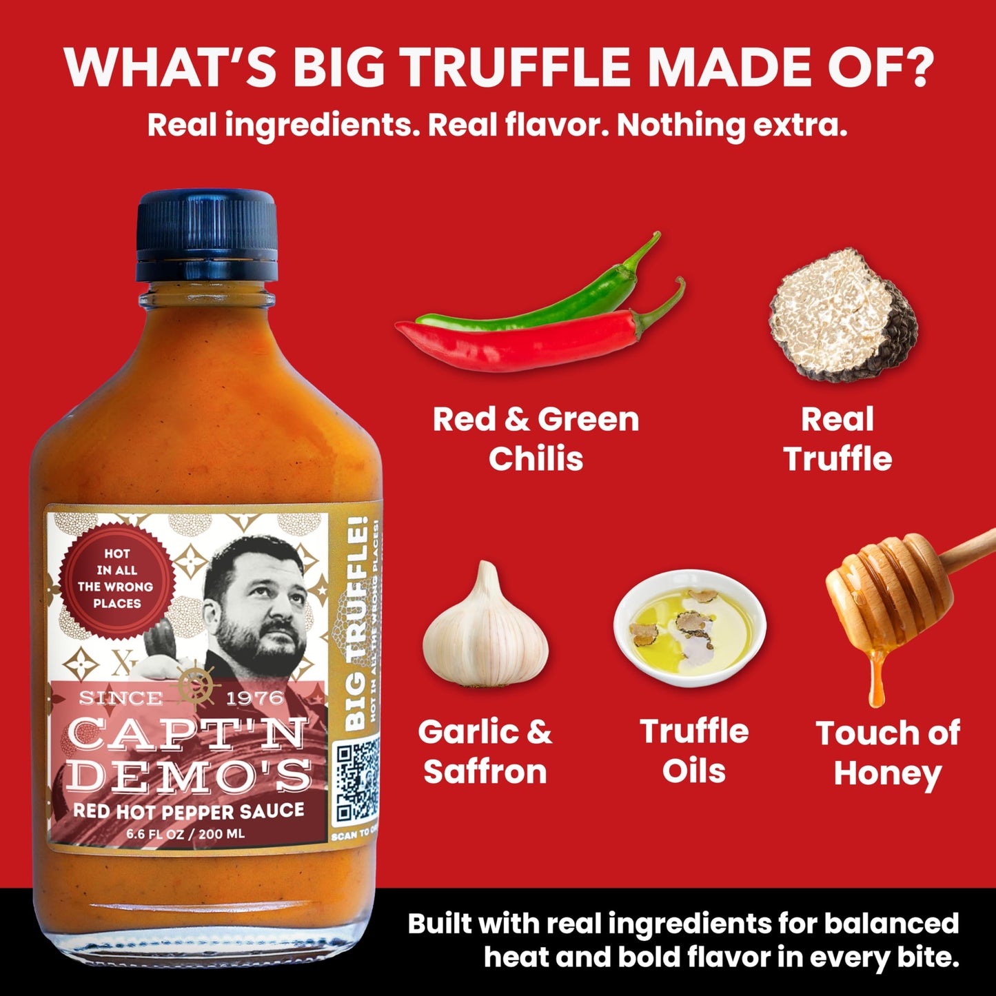 CAPT’N DEMO’S Truffle Hot Sauce BIG TRUFFLE FLASK - Gourmet Red Sauce with Real White & Black Truffle - Hot Honey Garlic Blend - Small Batch Luxury