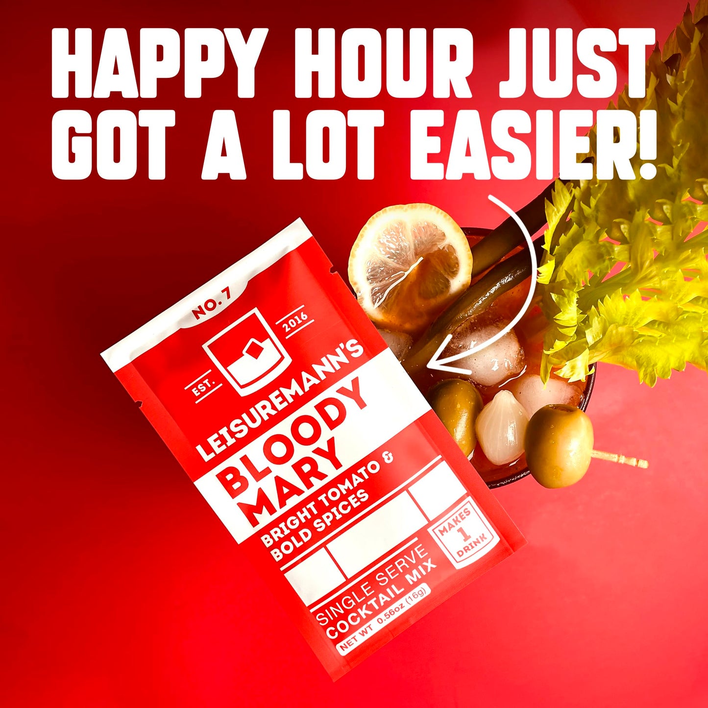 Leisuremann's Bloody Mary Single Serve Cocktail Mixer - Cocktail or Mocktail Powders Designed to Make Happy Hour Easier - All Natural - Travel Ready