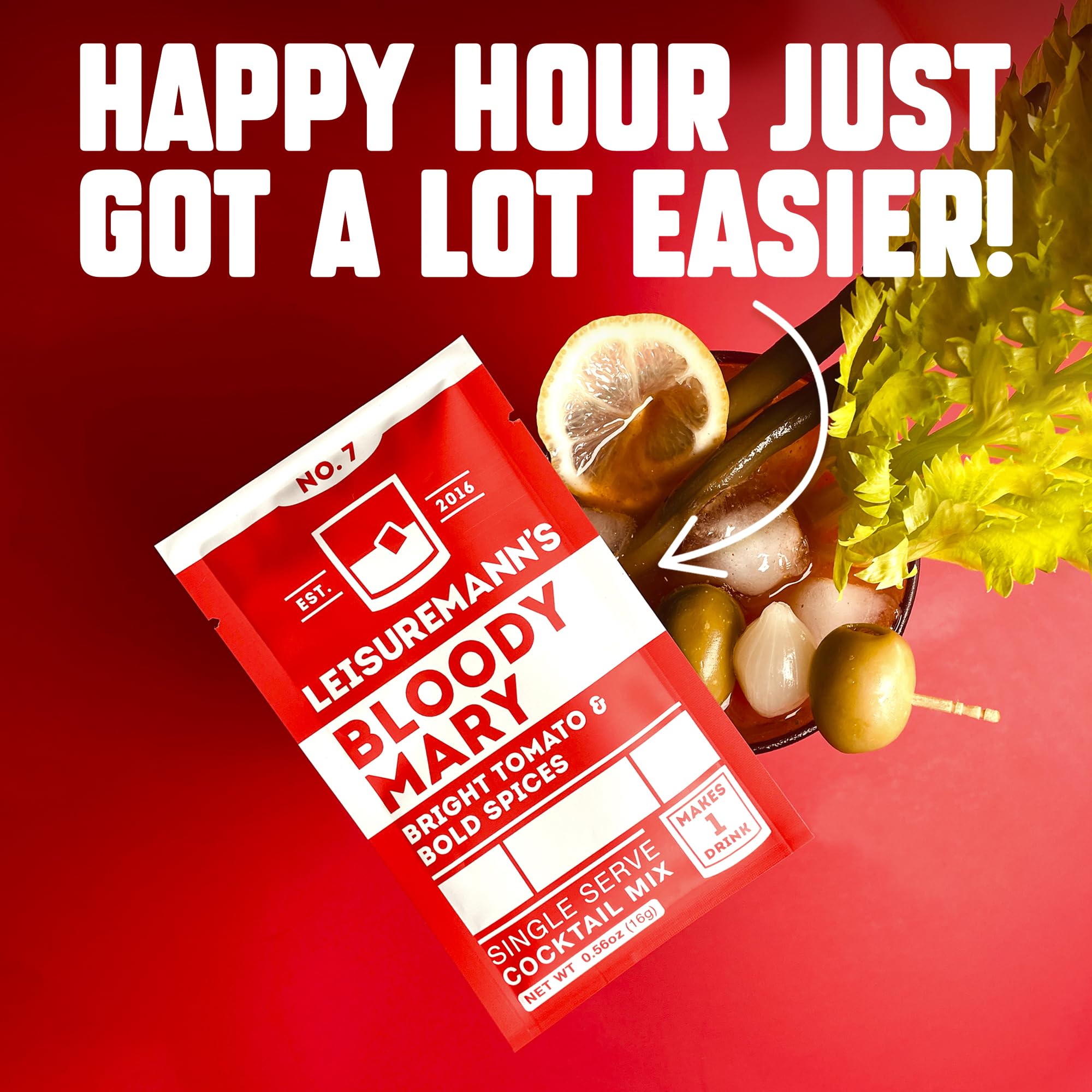 Leisuremann's Bloody Mary Single Serve Cocktail Mixer - Cocktail or Mocktail Powders Designed to Make Happy Hour Easier - All Natural - Travel Ready