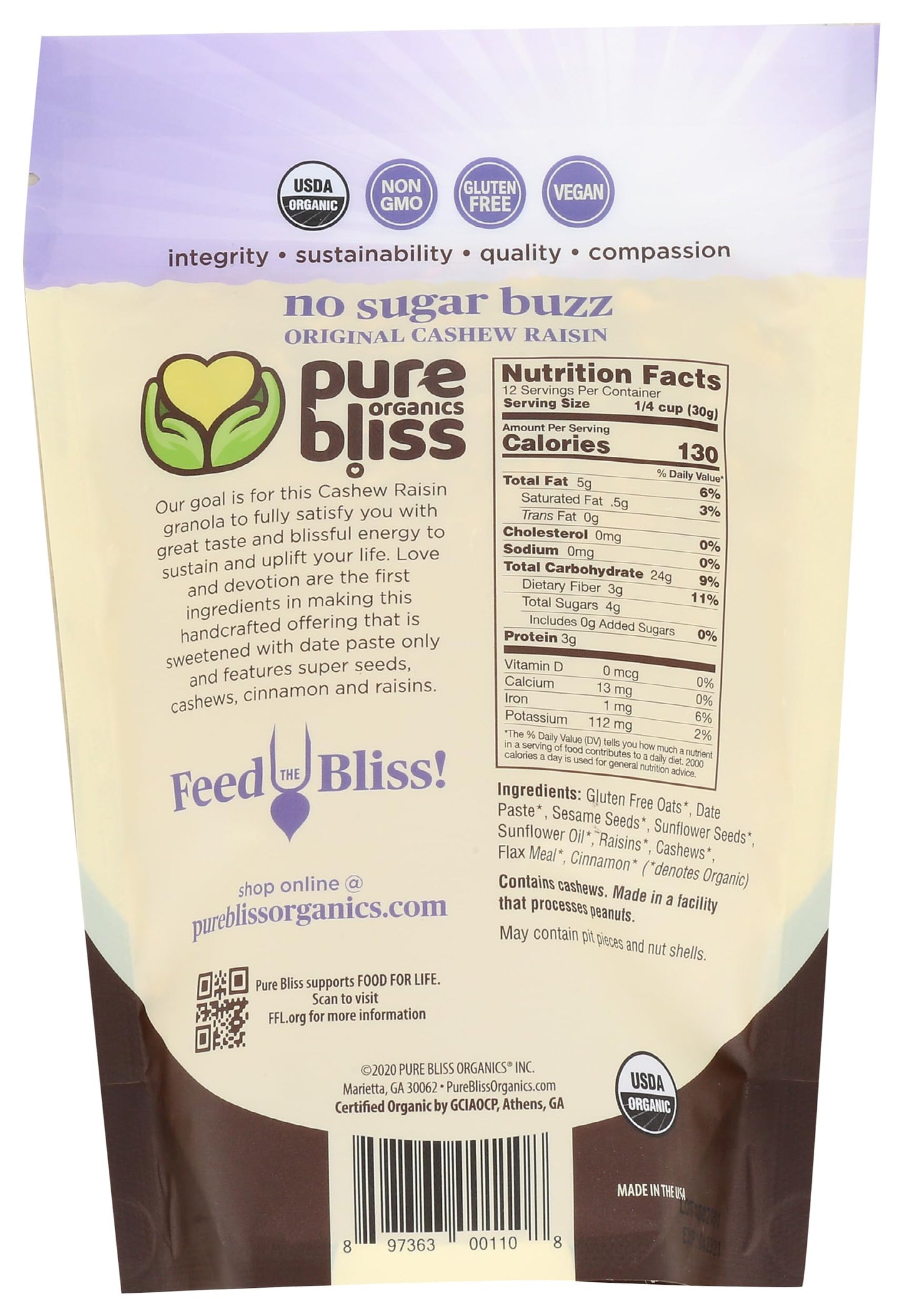 Pure Bliss Organics, Organic Cashew Raisin Granola, 12 Ounce