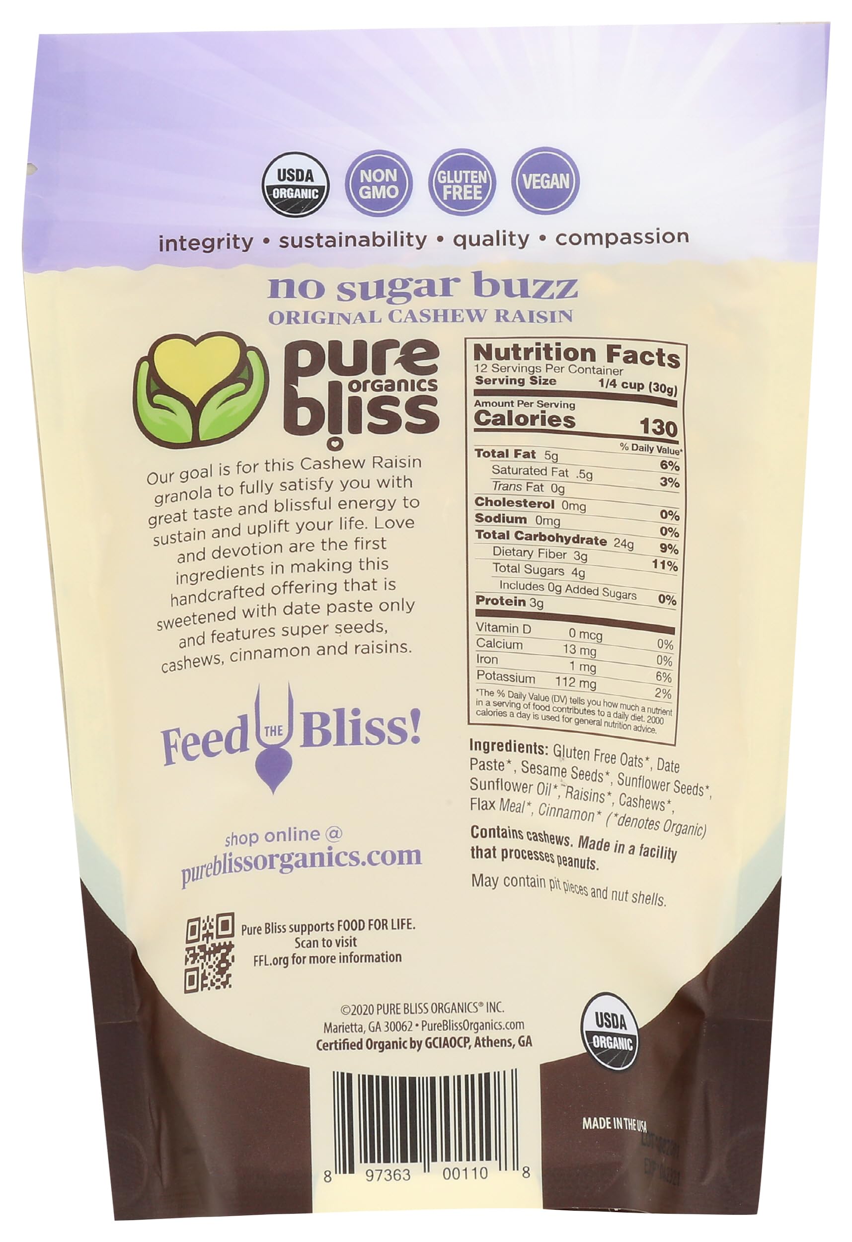Pure Bliss Organics, Organic Cashew Raisin Granola, 12 Ounce