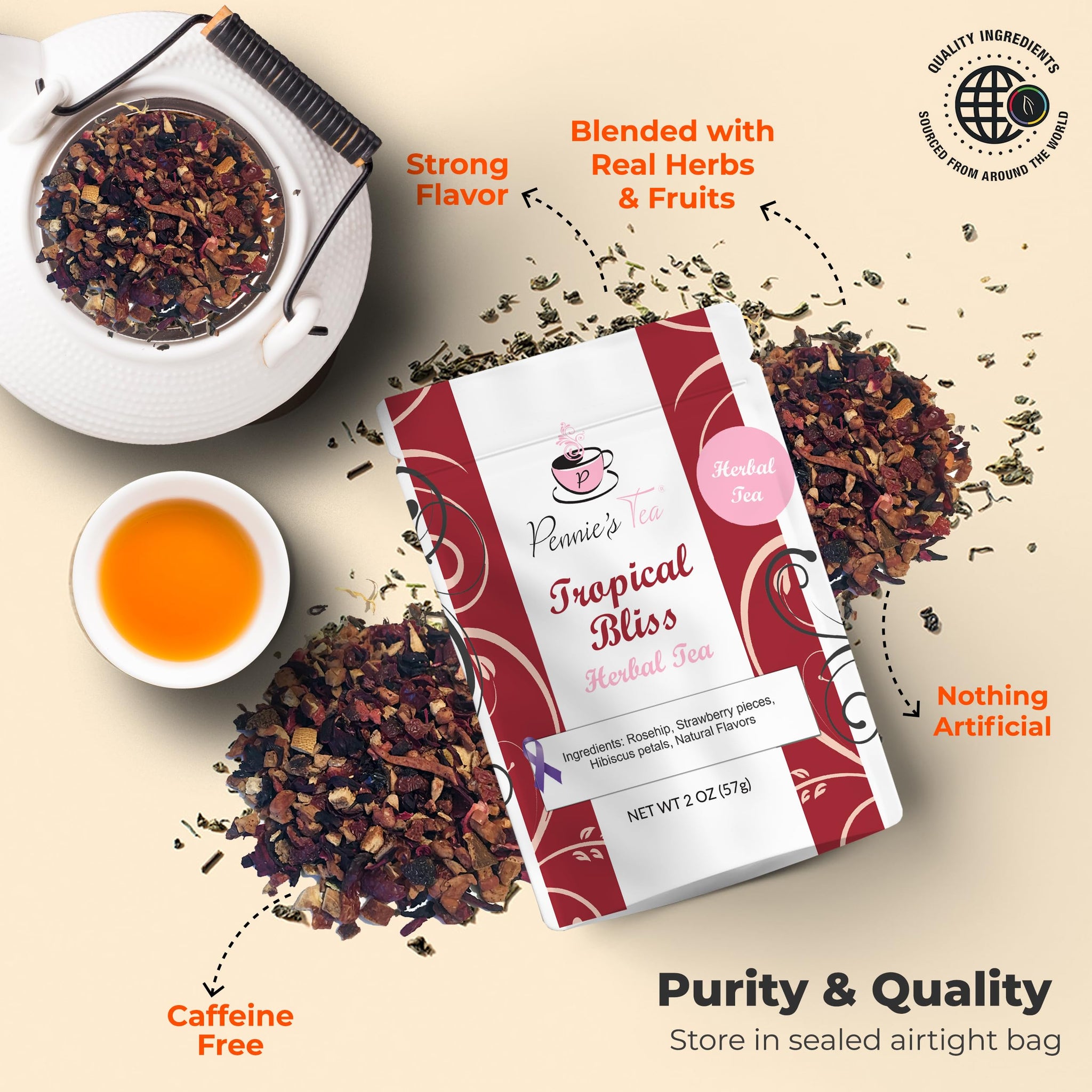 Pennie’s Tea - Tropical Bliss Loose Leaf Hibiscus Tea - Natural and Non-Caffeinated Organic Loose Leaves for Hot & Iced Beverages - Makes 25-30 Cups