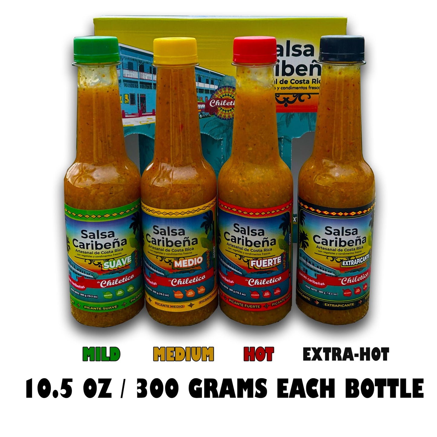 Chiletico Caribbean Extra Hot Sauce - Artisan and Authentic Costa Rican Salsa Picante - Intense Heat with Bold Tropical Flavor - Each Bottle of 4.9 oz