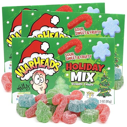Warheads Holiday Mix Christmas Gummies, Sour Fruit Flavored Candy, Festive Stocking Stuffer, 3 Ounces (Pack of 3)