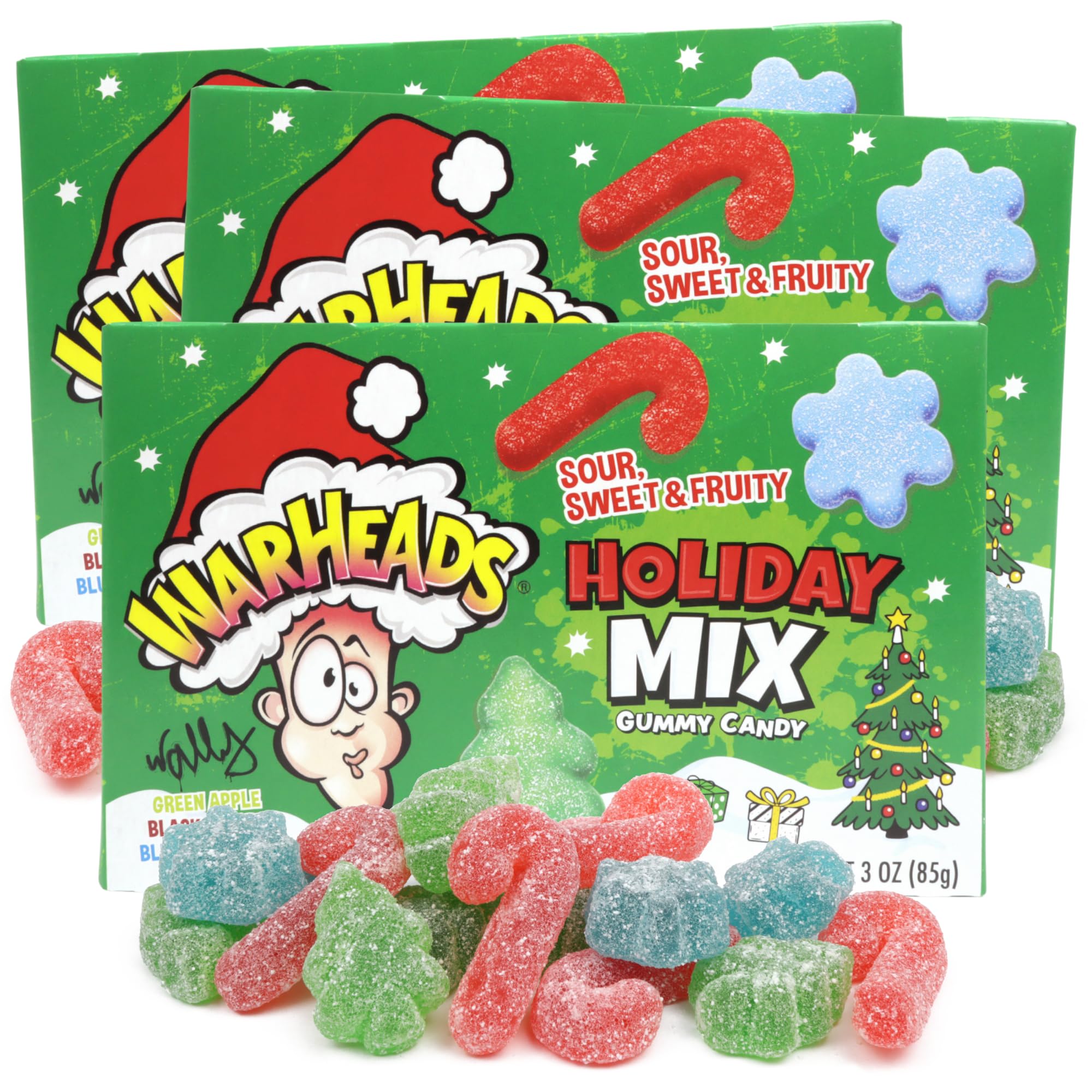 Warheads Holiday Mix Christmas Gummies, Sour Fruit Flavored Candy, Festive Stocking Stuffer, 3 Ounces (Pack of 3)