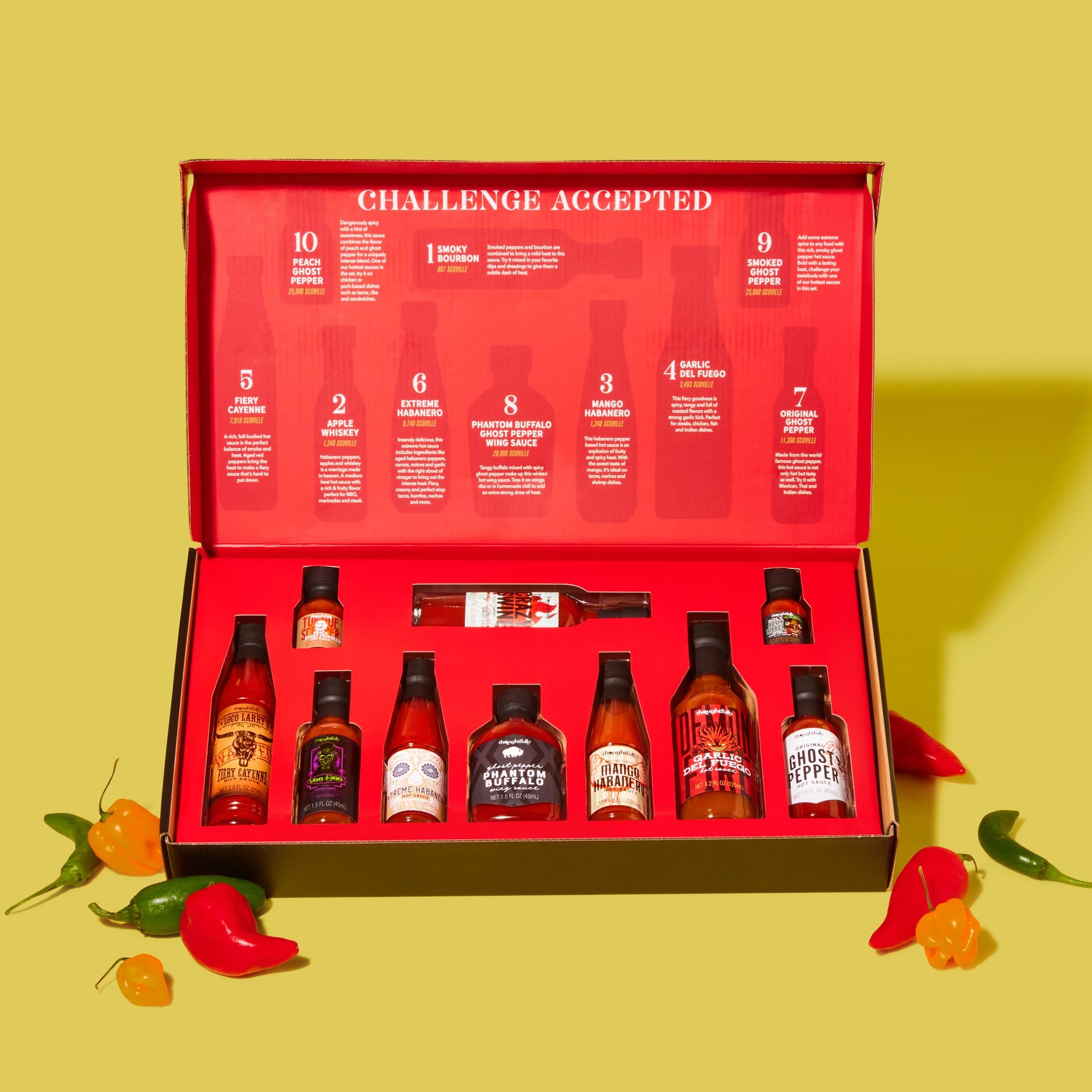 Thoughtfully Hot Sauce Challenge, Mild to Extreme Hot Sauce Variety 10 Pack, Unique Gift for Men, Husband, Dad, Father, Birthday and Christmas