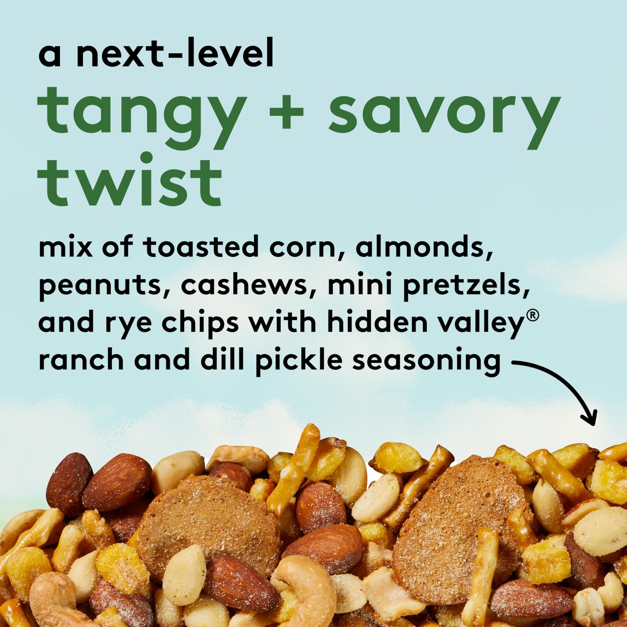 Snak Club Hidden Valley Ranch and Dill Pickle Flavored Snack Mix, Toasted Corn, Roasted Almonds, Peanuts, Salted Cashews, Mini Pretzel Sticks, Rye