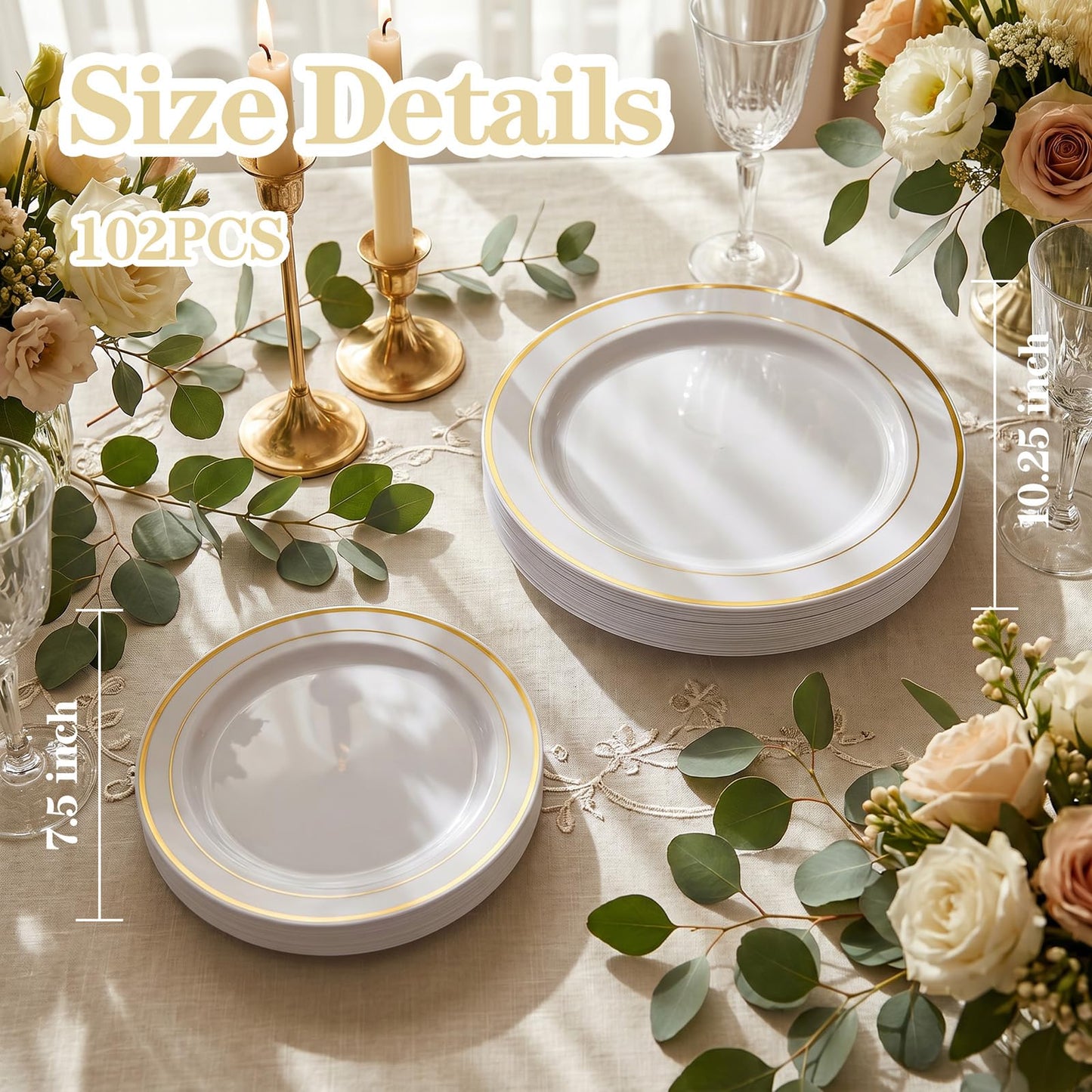 I00000 102 Pieces Gold Plastic Plates, Disposable Party Plates White Gold Rim, 51 Disposable Gold Dinner Plates 10.25 Inch and 51 Disposable Dessert