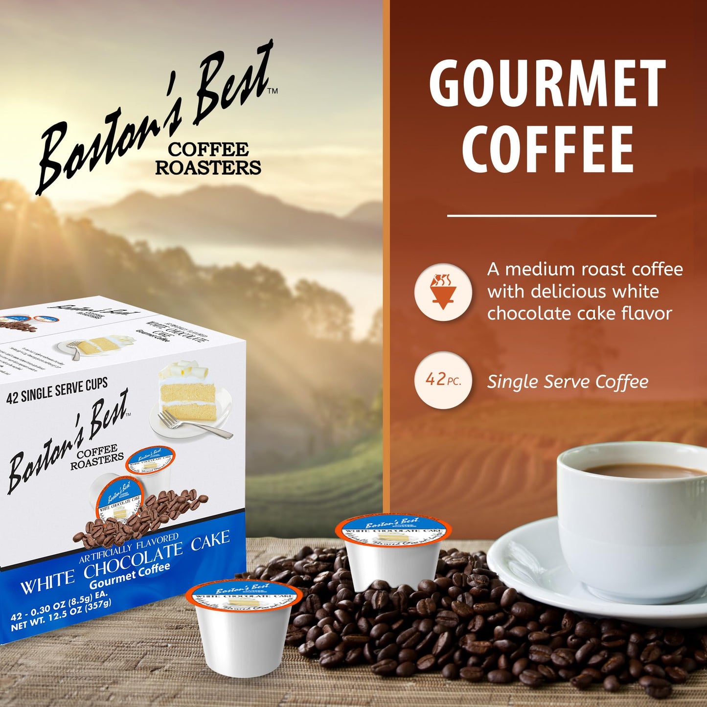 Boston’s Best - White Chocolate Cake Flavored Delicious Gourmet Coffee Compatible with Keurig Coffee Maker, 1 Count (42 Single Serve Medium Roast