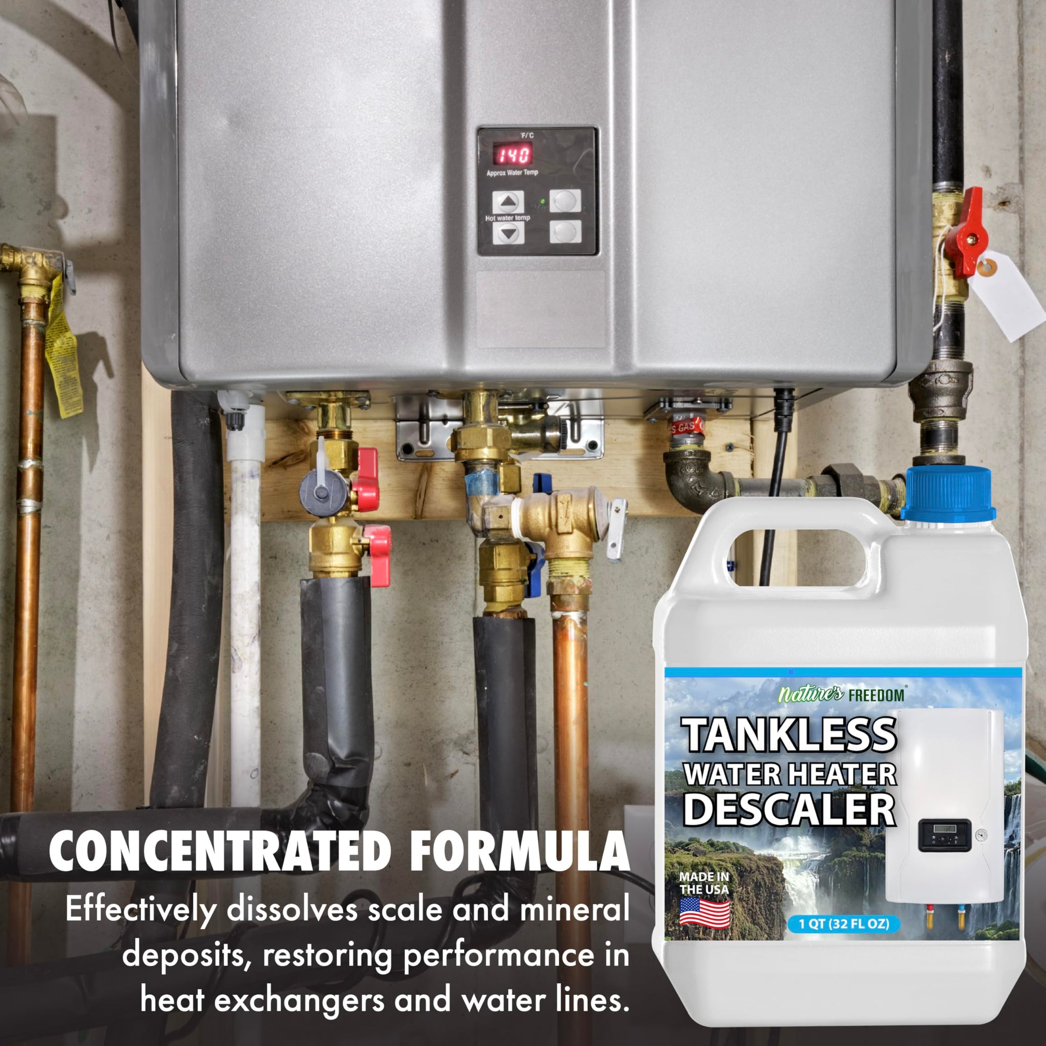 Nature's Freedom Tankless Water Heater Flush Descaler, Quart (32 oz) - Professional Non-Toxic Descaling Solution, Biodegradable, Made in the USA