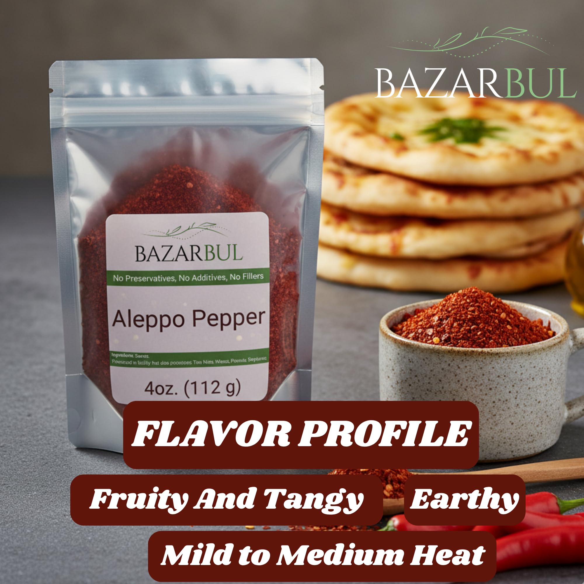 BAZARBUL Premium Crushed Aleppo Pepper Flakes, Turkish Pul Biber, Organic Halaby Chili Powder, Mild & Fruity Mediterranean Spice, 4 Ounces